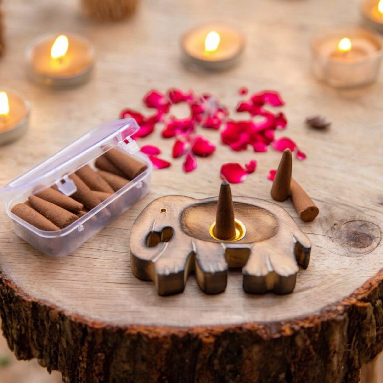 4 in 1 Dhoop Cone set of 12 with fragrances X2, Kasturi, Ramlala, and Cobb, each with a cone holder.