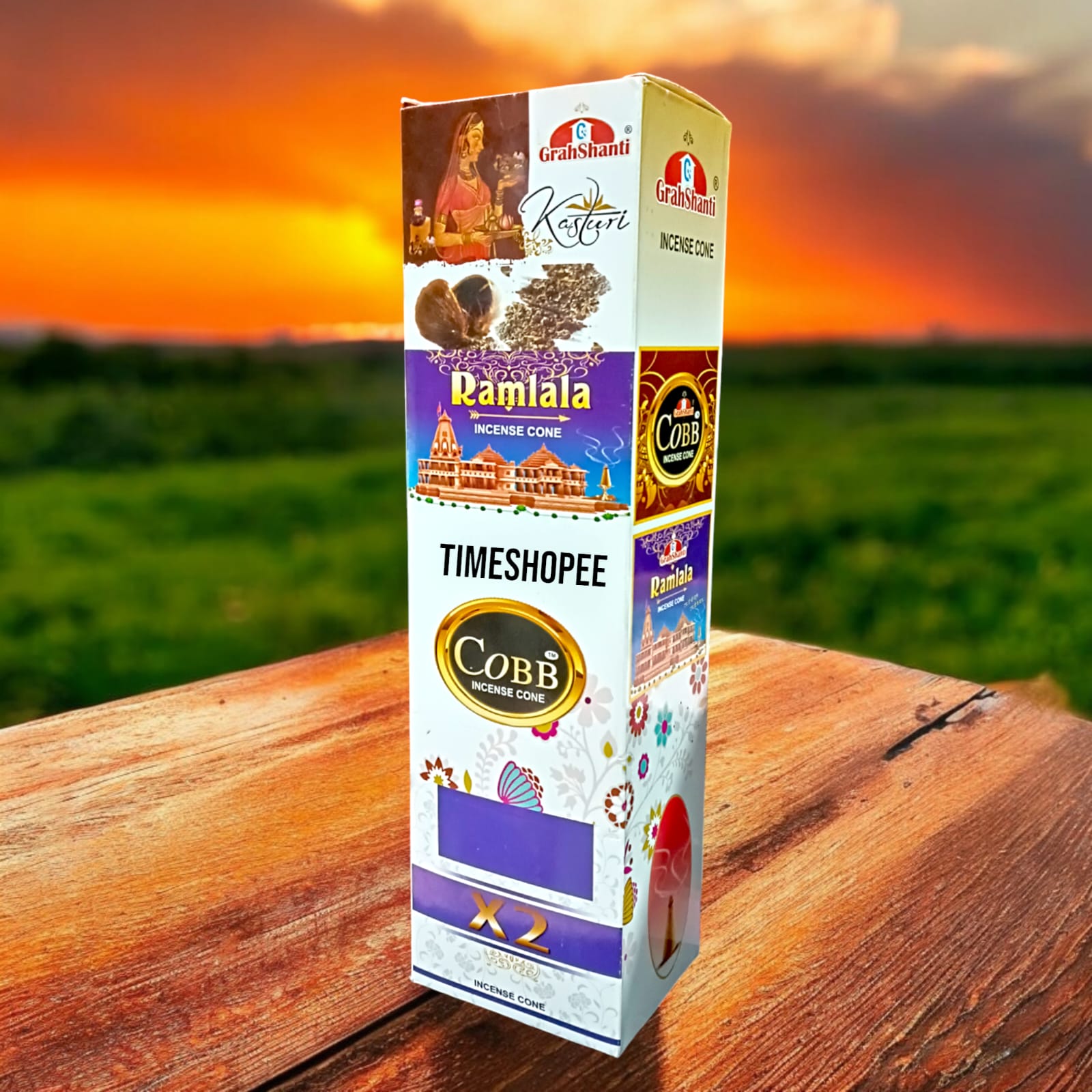 4 in 1 Dhoop Cone set of 12 with fragrances X2, Kasturi, Ramlala, and Cobb, each with a cone holder.