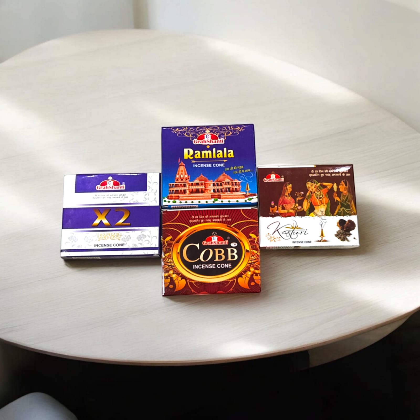 4 in 1 Dhoop Cone set of 12 with fragrances X2, Kasturi, Ramlala, and Cobb, each with a cone holder.