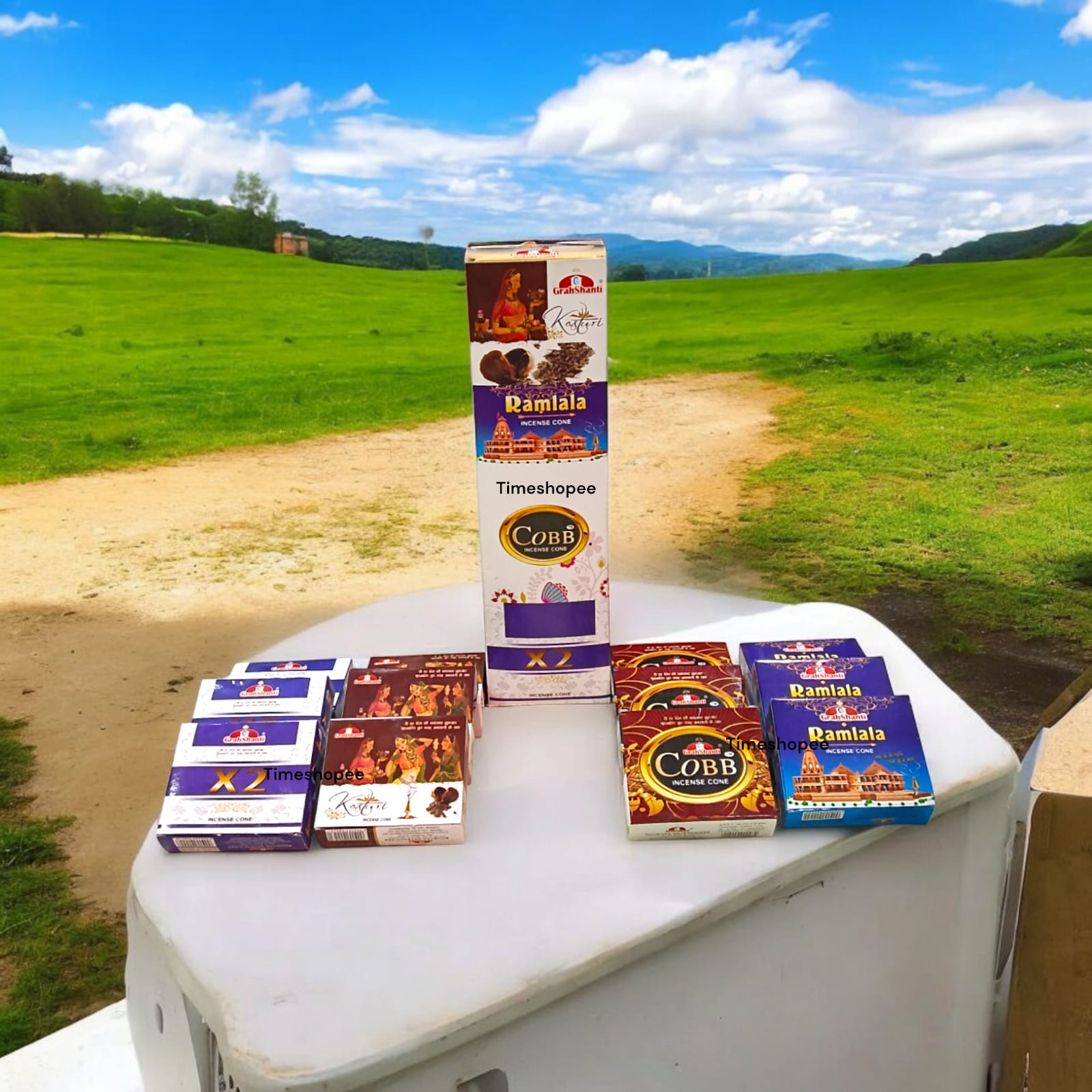 4 in 1 Dhoop Cone set of 12 with fragrances X2, Kasturi, Ramlala, and Cobb, each with a cone holder.