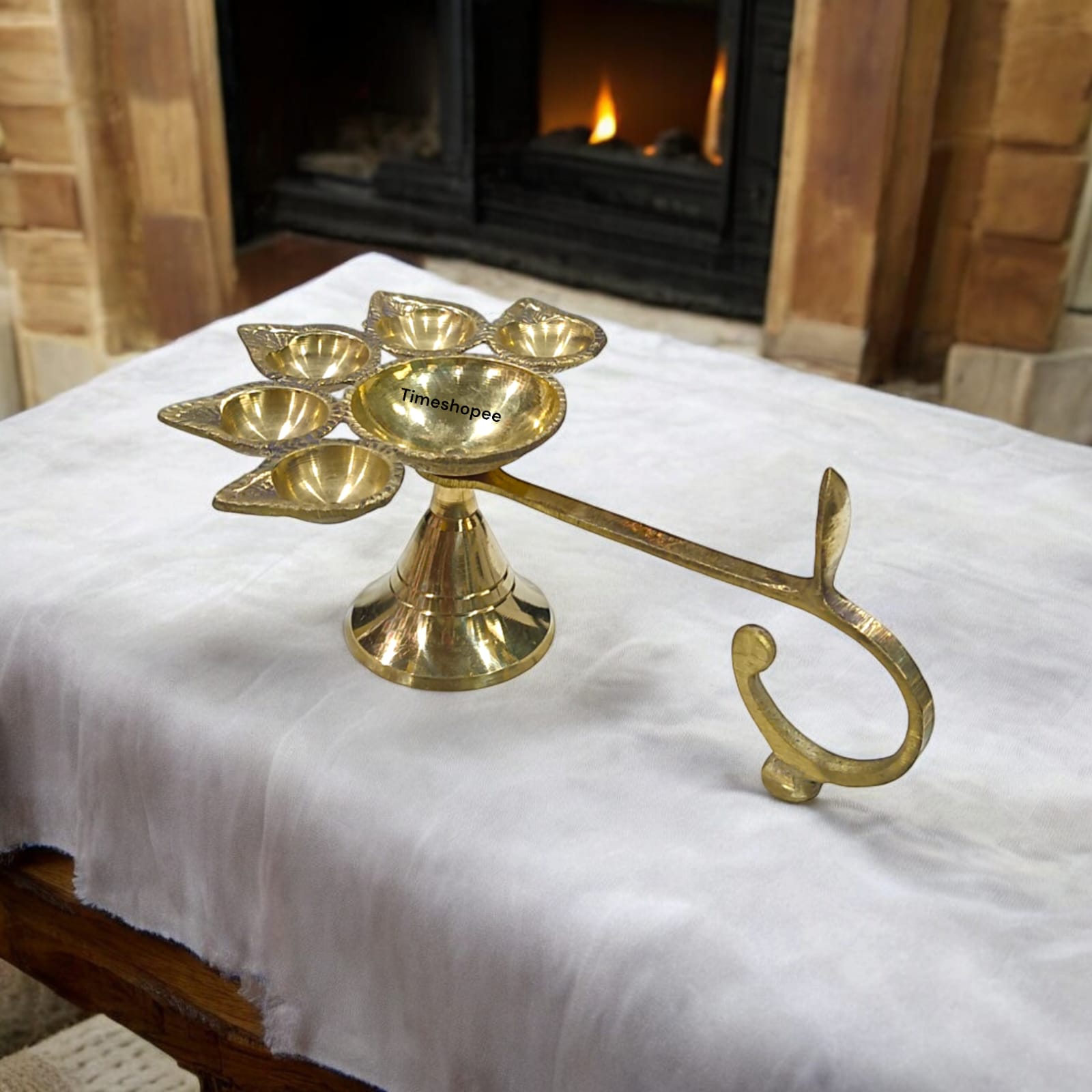 5-face brass Panch Mukhi Jyot for Aarti with elegant finish, available at Timeshopee.