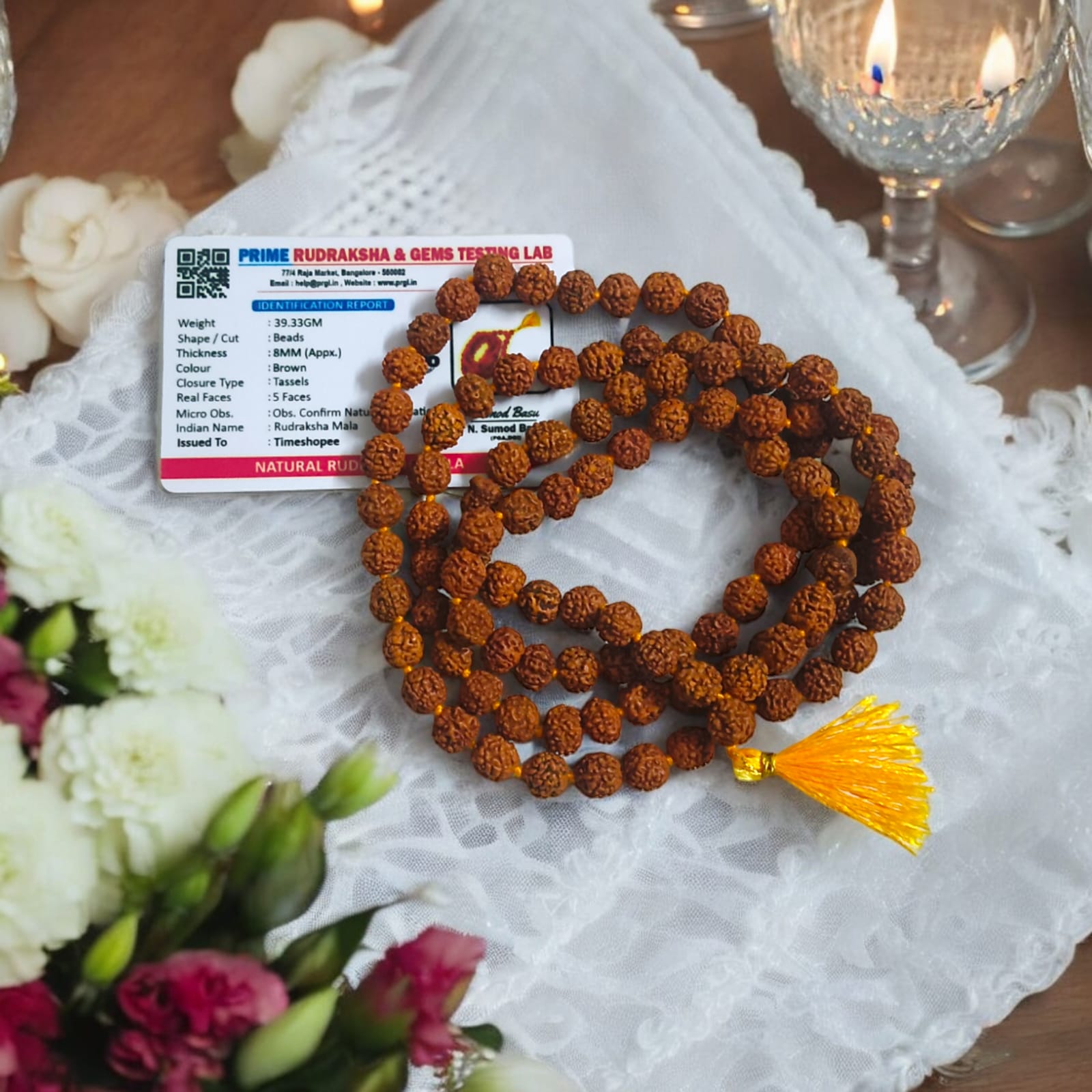 5 Mukhi Rudraksha Mala for Japa with Lab Certification, 108+1 Beads 8MM, Timeshopee