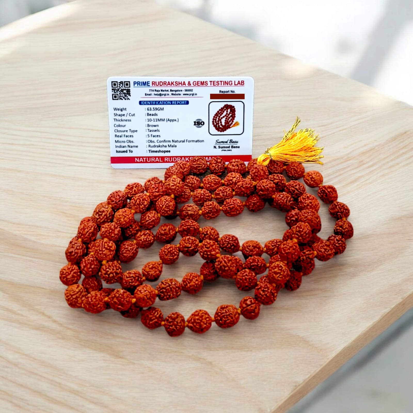 5 Mukhi Rudraksha Mala with 108+1 lab-certified 11MM beads for mantra chanting and meditation.