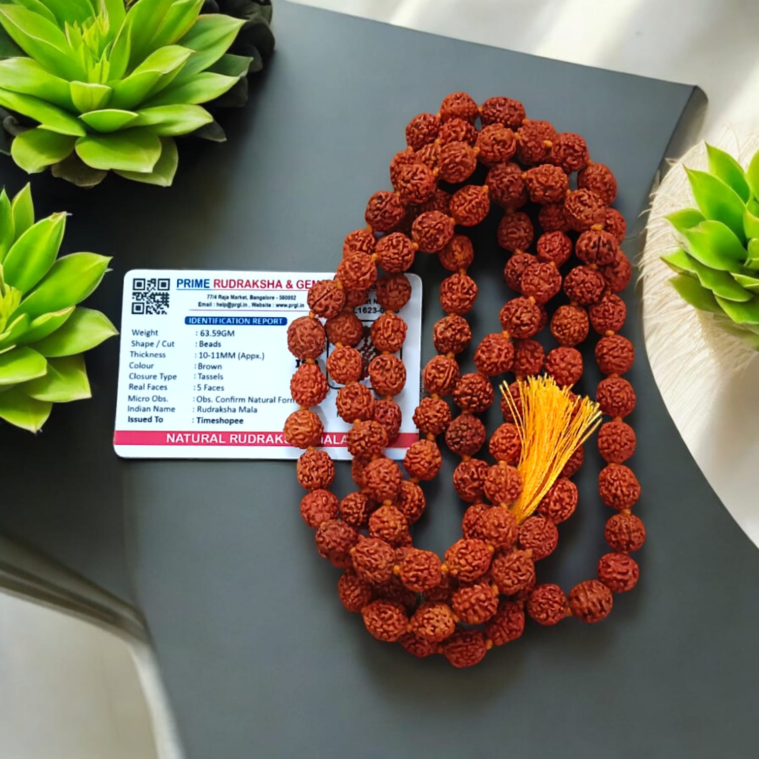 5 Mukhi Rudraksha Mala with 108+1 lab-certified 11MM beads for mantra chanting and meditation.