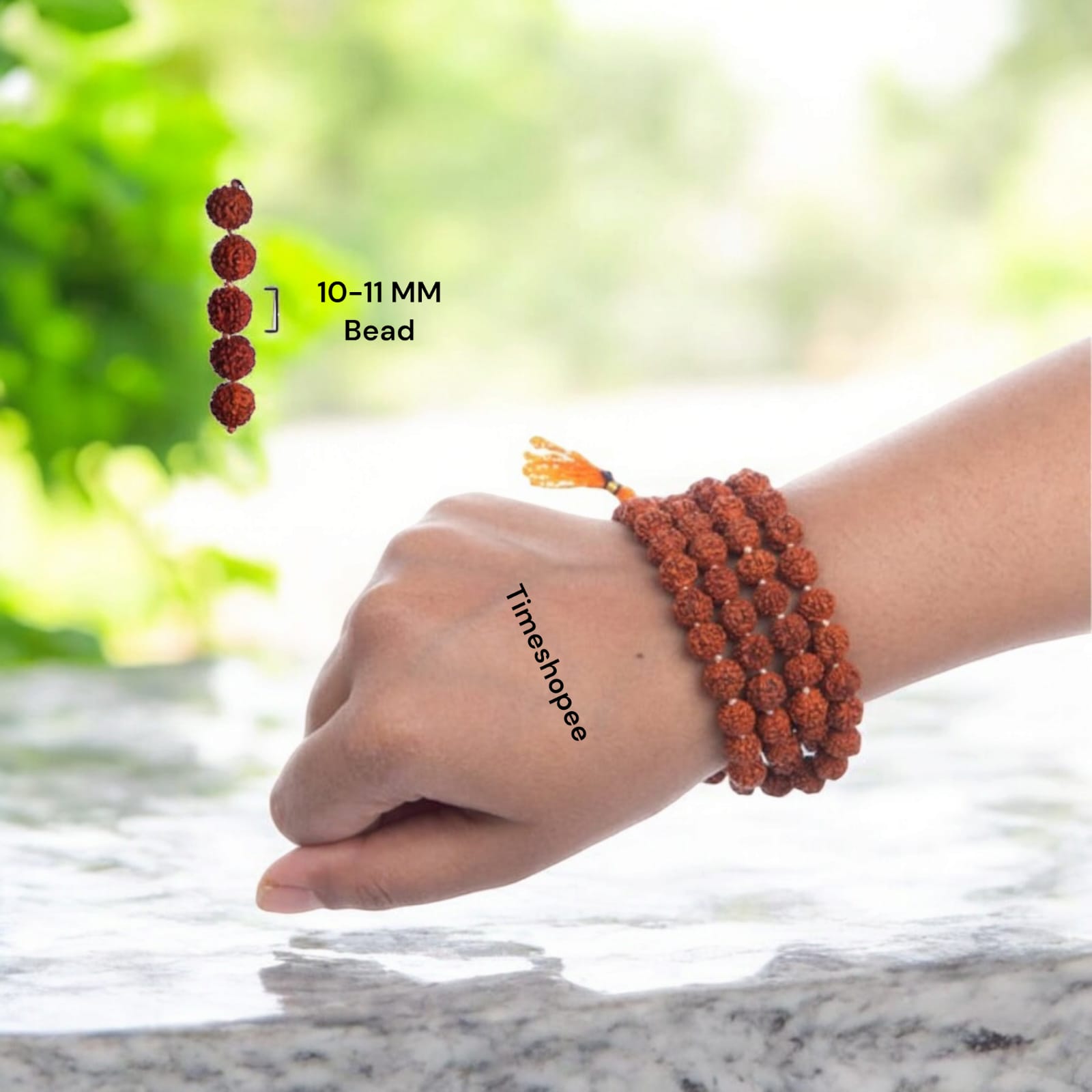 5 Mukhi Rudraksha Mala with 108+1 lab-certified 11MM beads for mantra chanting and meditation.