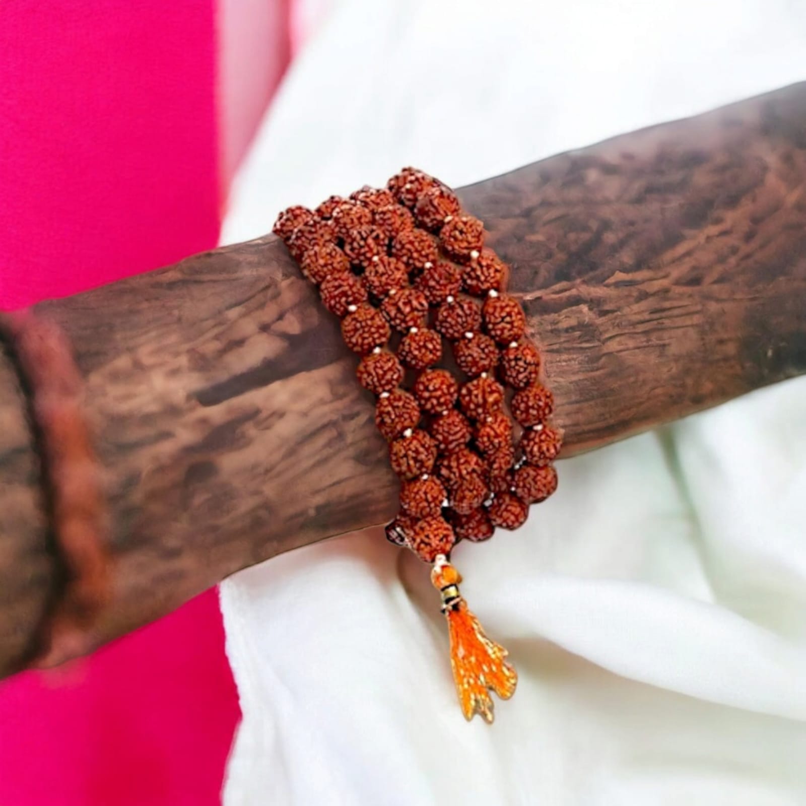 5 Mukhi Rudraksha Mala with 108+1 lab-certified 11MM beads for mantra chanting and meditation.