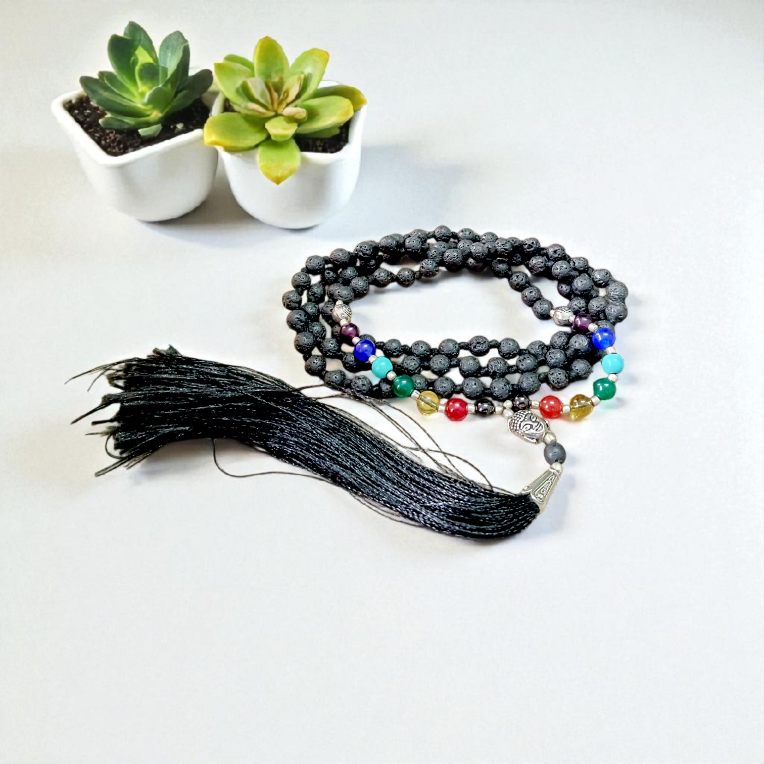 7 Chakra Mala with Lava Beads, Agate Stones, and Buddha Charm – Ideal for Chakra Healing and Meditation – 6MM Certified Beads