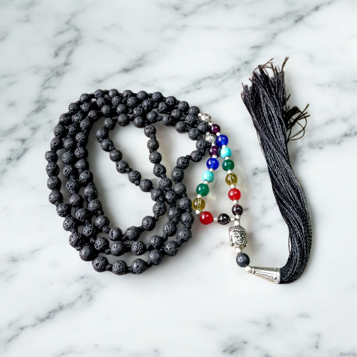7 Chakra Mala with Lava Beads, Agate Stones, and Buddha Charm – Ideal for Chakra Healing and Meditation – 6MM Certified Beads