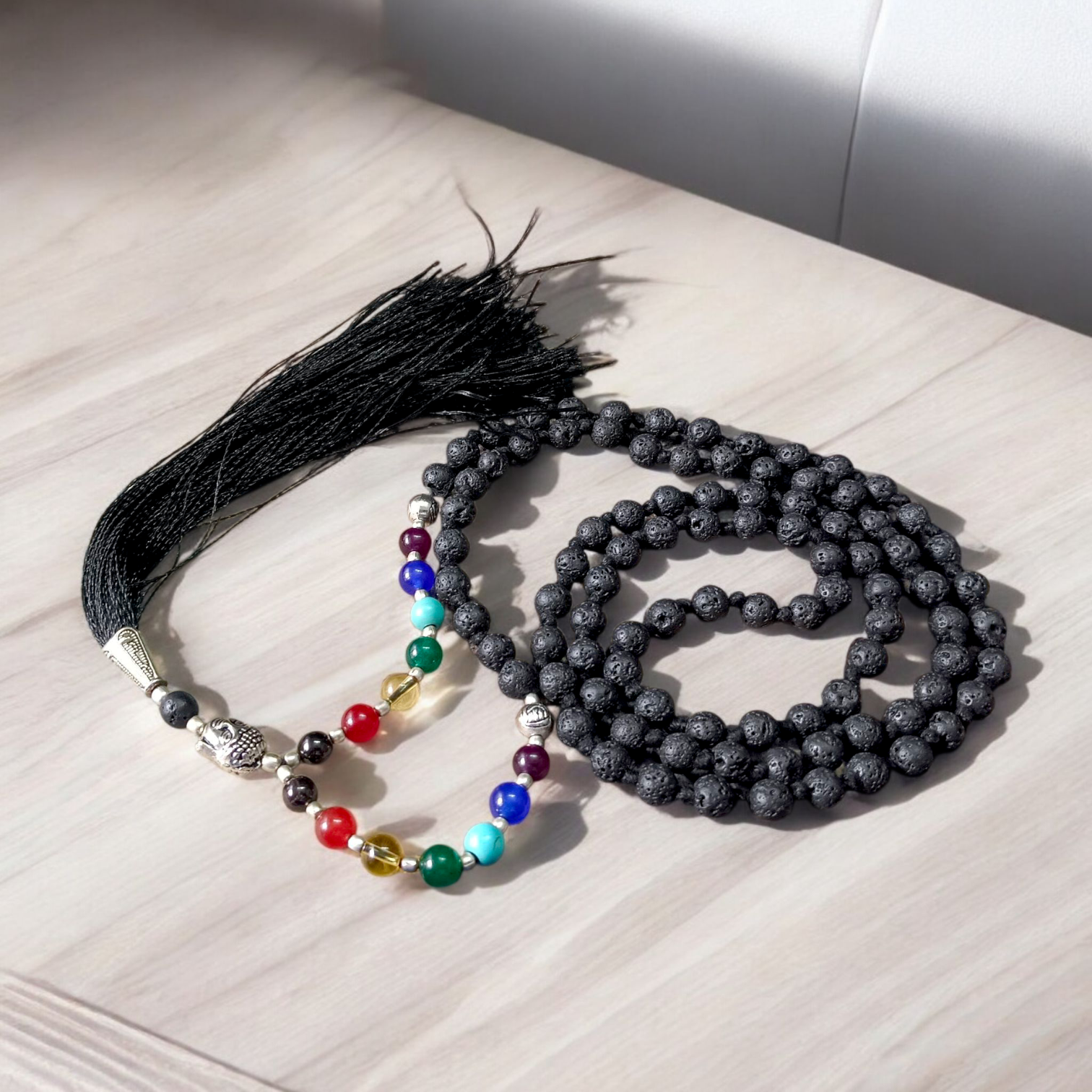 7 Chakra Mala with Lava Beads, Agate Stones, and Buddha Charm – Ideal for Chakra Healing and Meditation – 6MM Certified Beads