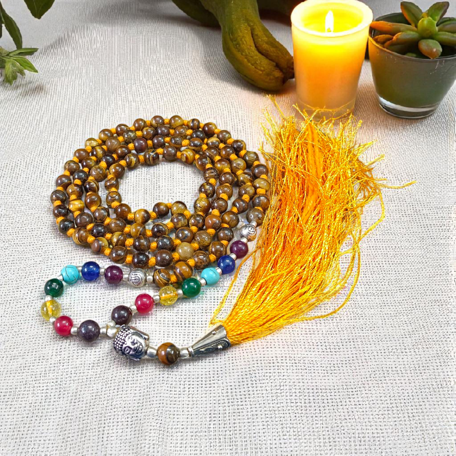 7 Chakra Tiger Eye Mala with Agate Stones and Buddha Charm – Lab Certified – 6MM Beads for Meditation, Yoga, and Chakra Healing