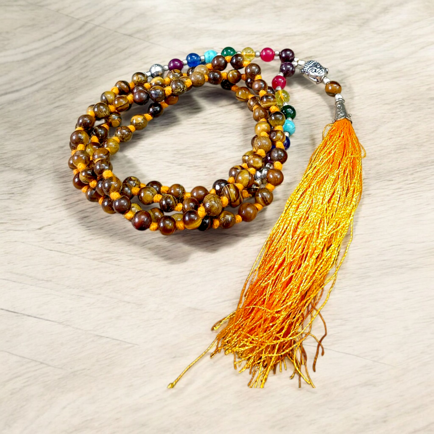 7 Chakra Tiger Eye Mala with Agate Stones and Buddha Charm – Lab Certified – 6MM Beads for Meditation, Yoga, and Chakra Healing