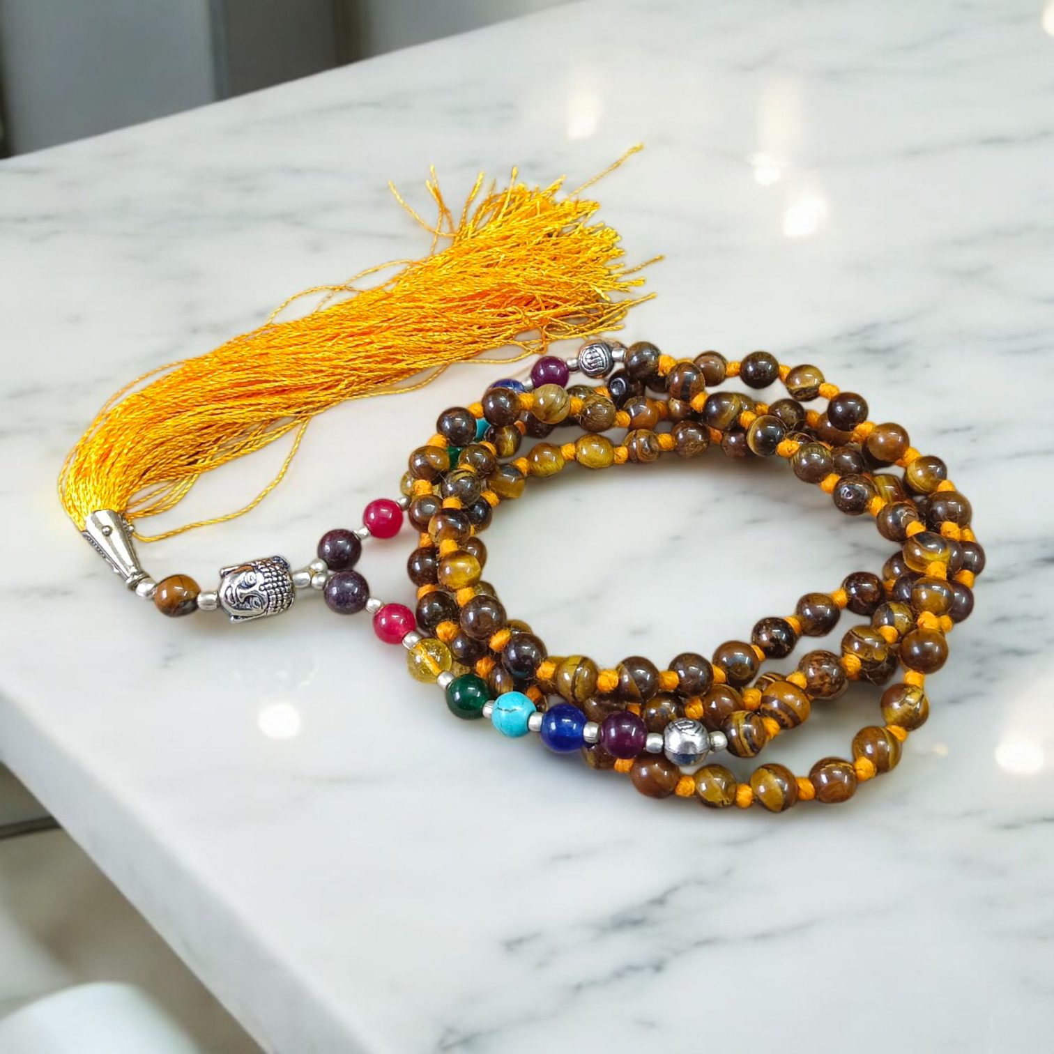 7 Chakra Tiger Eye Mala with Agate Stones and Buddha Charm – Lab Certified – 6MM Beads for Meditation, Yoga, and Chakra Healing