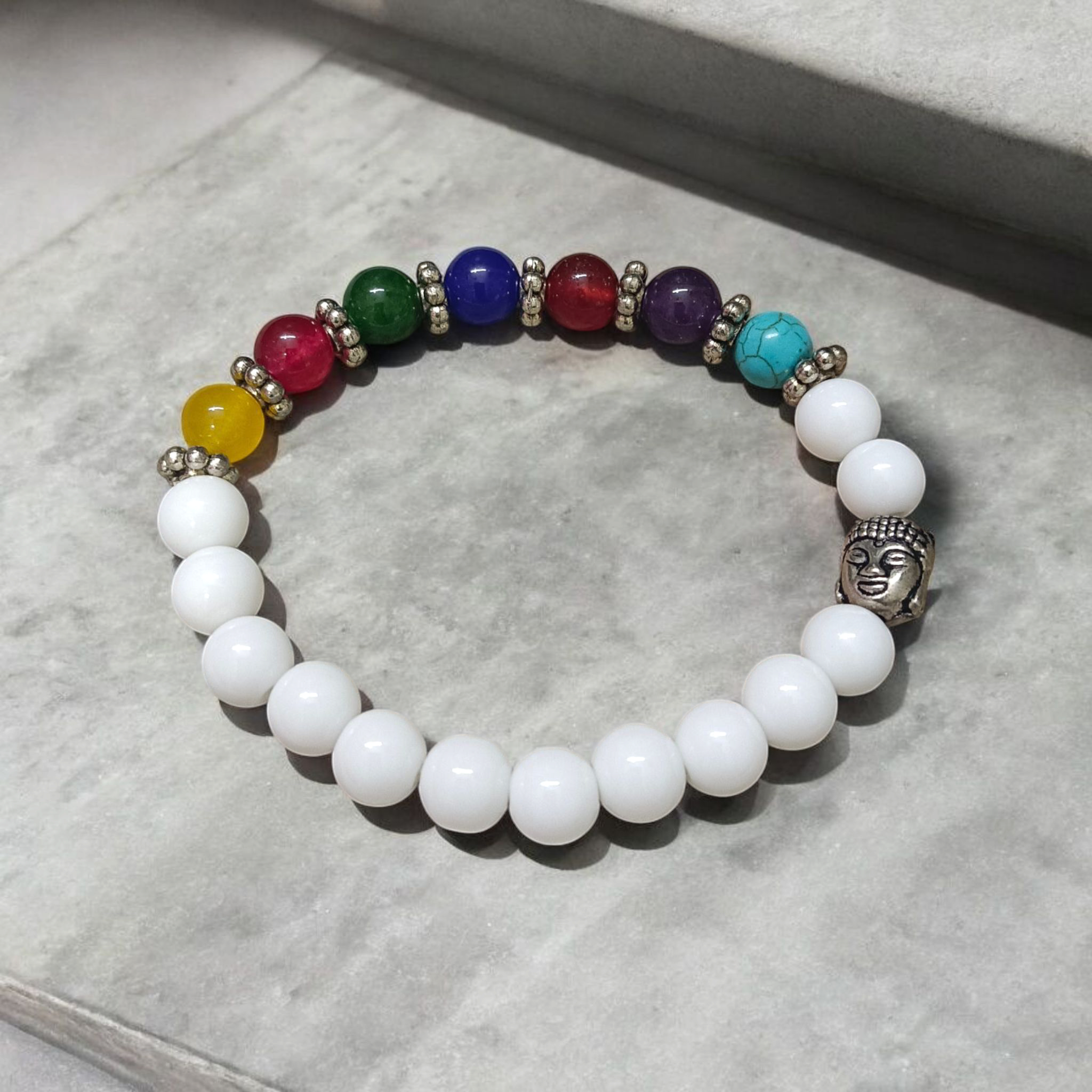 7 Chakra with Howlite Bracelet featuring colorful chakra stones and white howlite beads on an elastic thread, spiritual jewelry for men and women