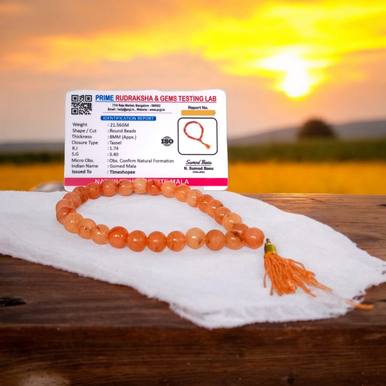 A Hessonite (Gomed) Mala with 27+1 lab-certified deep red gemstone beads, each 8MM in size, designed for meditation, focus, and astrological benefits, ideal for travel, office, and car.