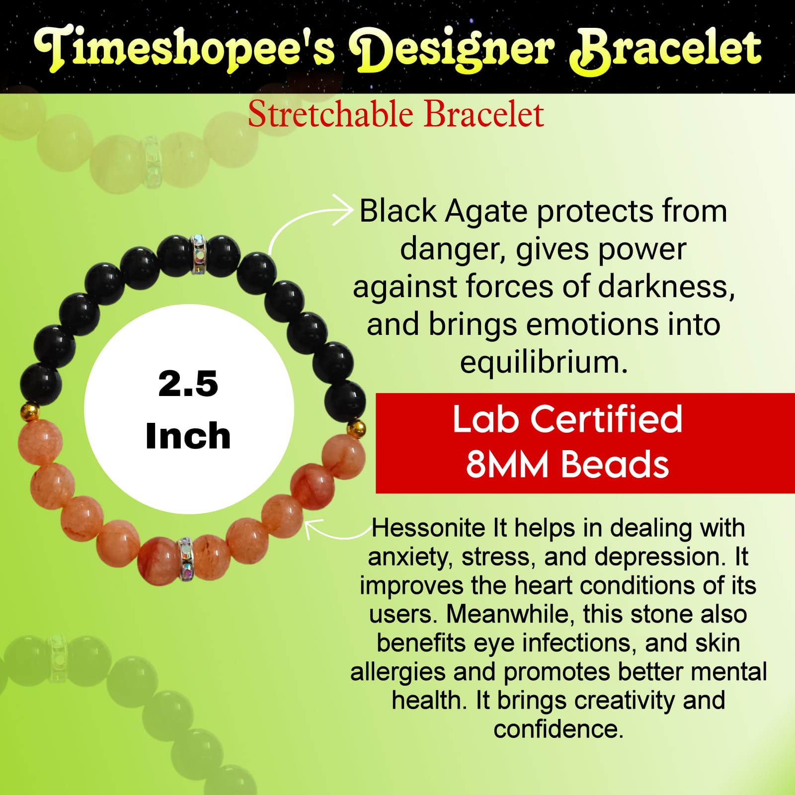 A Hessonite and Black Agate Bracelet with 8MM lab-certified beads, featuring a stretchable design for comfort and spiritual protection.