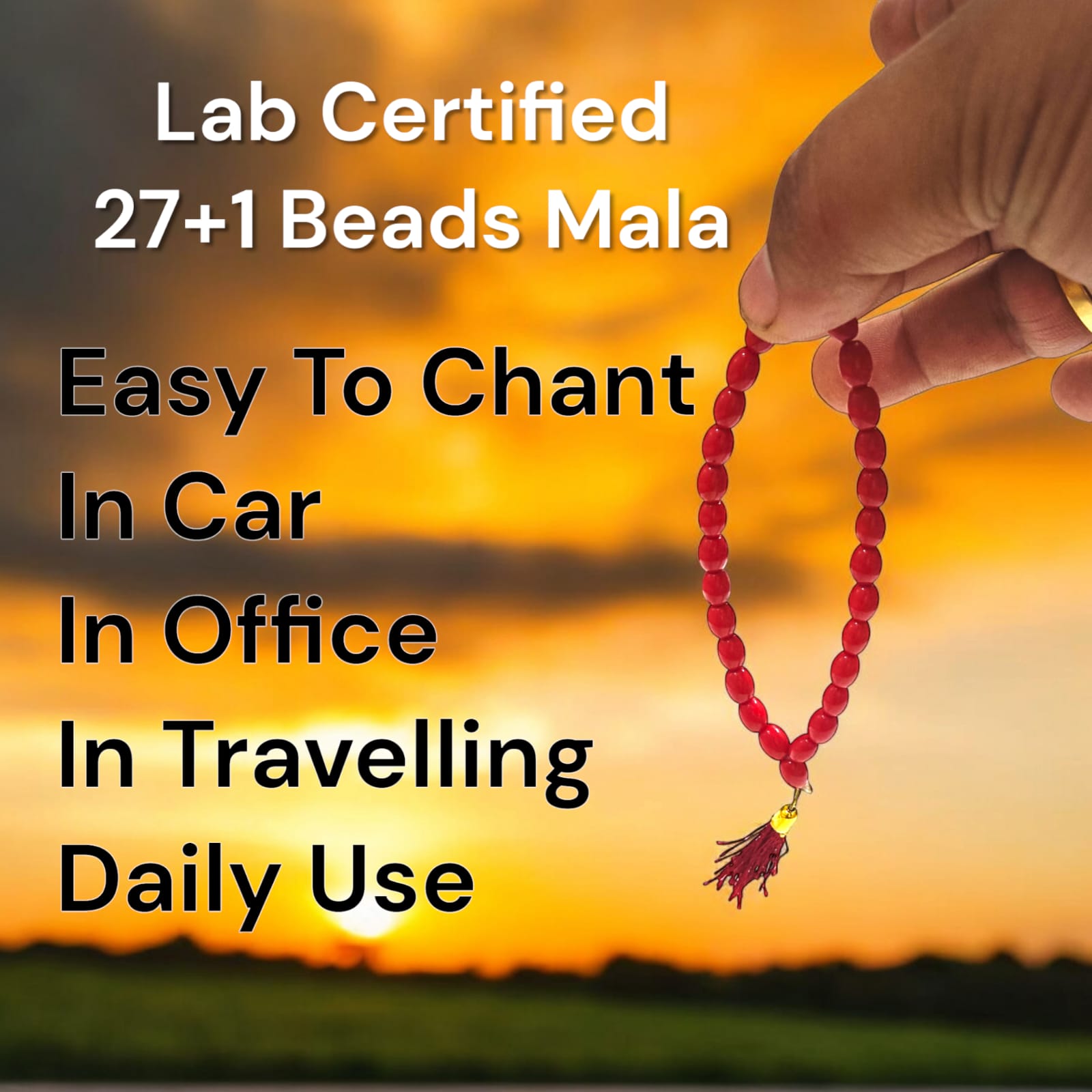 A Lal Moonga Mala featuring 27+1 lab-certified Red Coral beads, each 8MM in size, ideal for car, office, and travel, providing protection and energy balance.