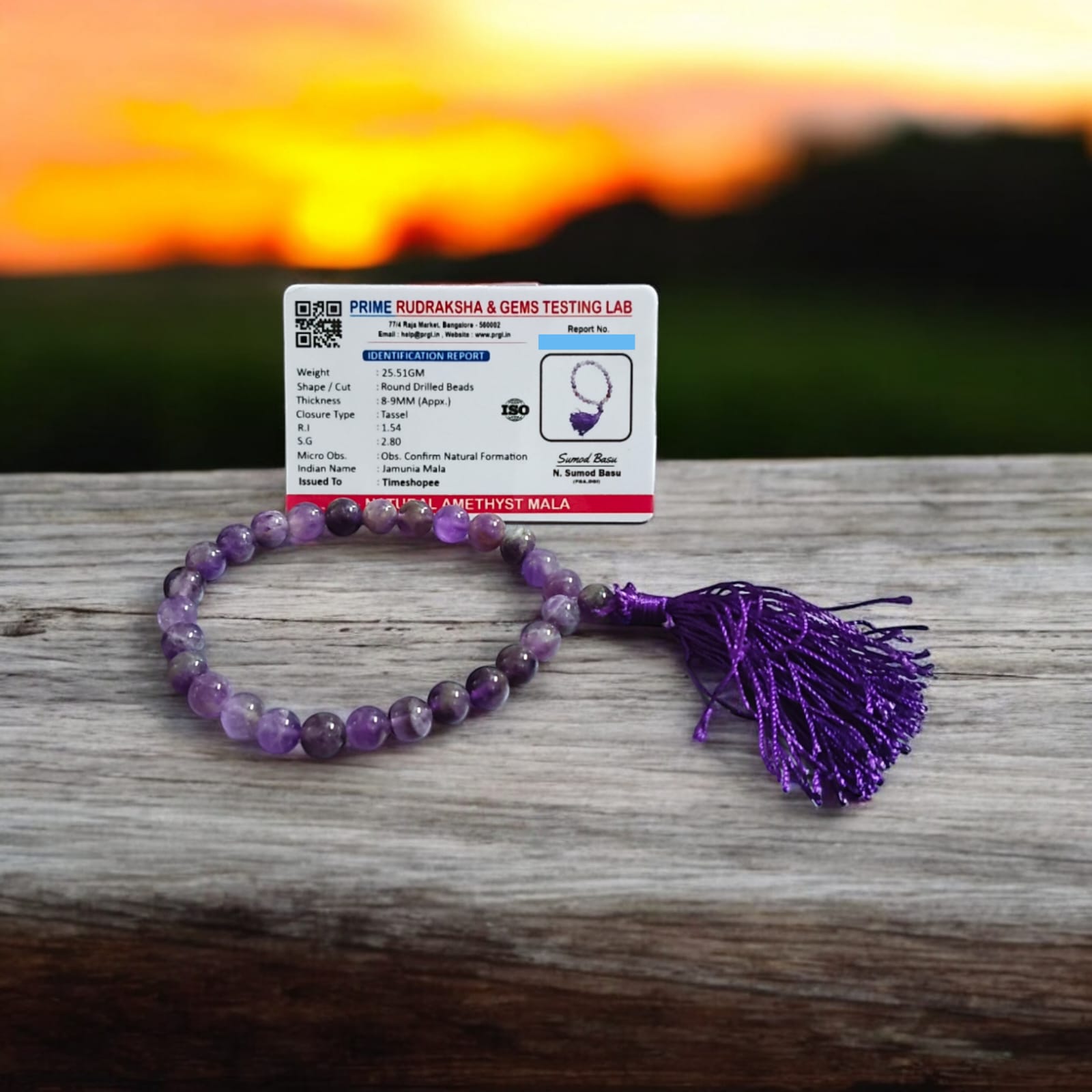 A 27+1 bead Amethyst mala with 8MM lab-certified beads, designed for meditation and jaap, perfect for use in travel, car, or office.