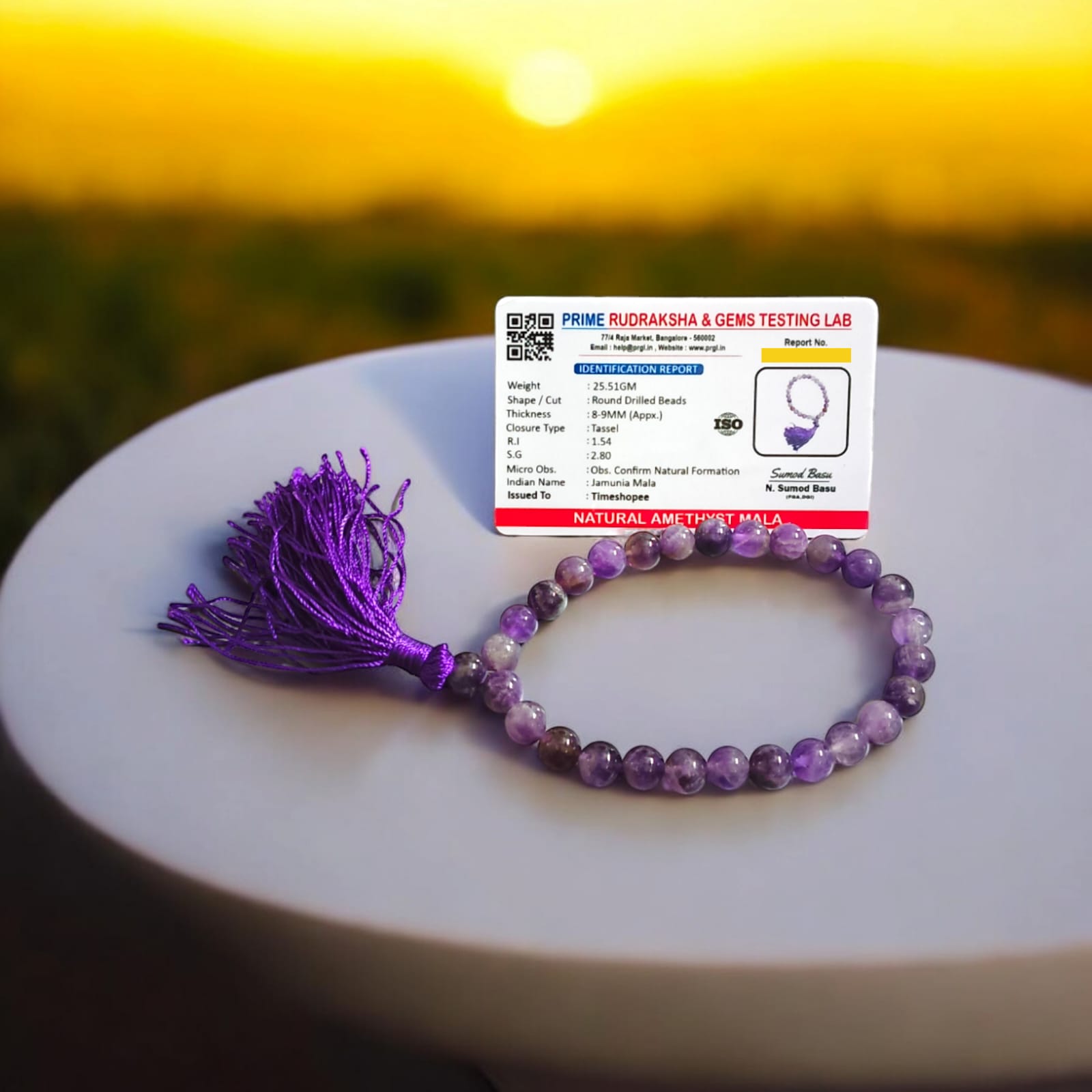 A 27+1 bead Amethyst mala with 8MM lab-certified beads, designed for meditation and jaap, perfect for use in travel, car, or office.