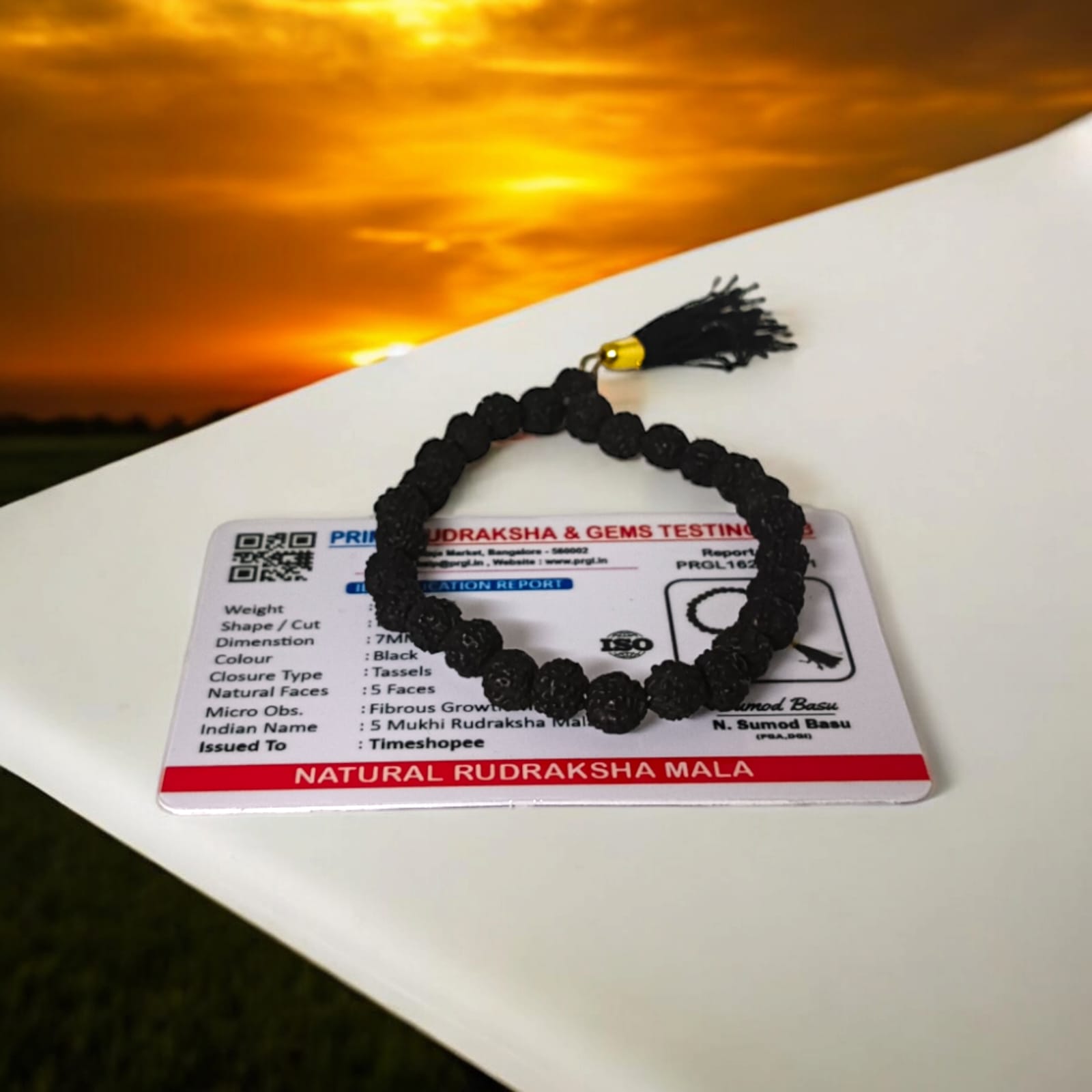 A 27+1 bead Black Rudraksha Mala with 7MM-sized beads, elegantly designed for spiritual use. Suitable for car, office, or travel, the lab-certified beads offer protection and a calming influence.