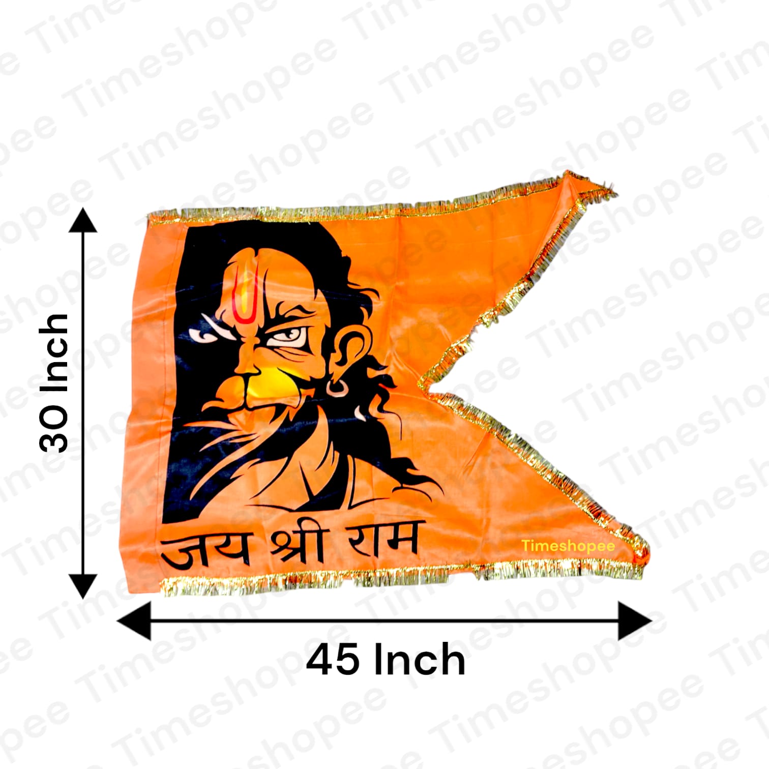 A 30X45 inch Hanuman Ji Printed Flag with M-Cut shape, featuring Lord Hanuman and the message "Jai Shri Ram," perfect for home, office, and religious occasions.