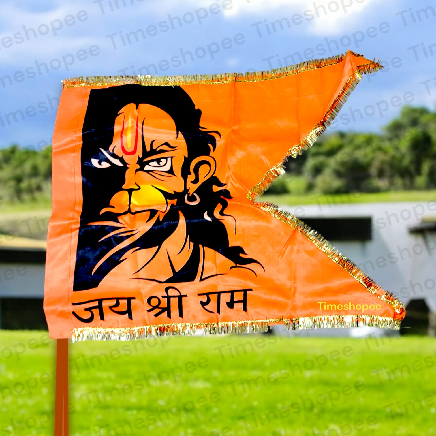 A 30X45 inch Hanuman Ji Printed Flag with M-Cut shape, featuring Lord Hanuman and the message "Jai Shri Ram," perfect for home, office, and religious occasions.