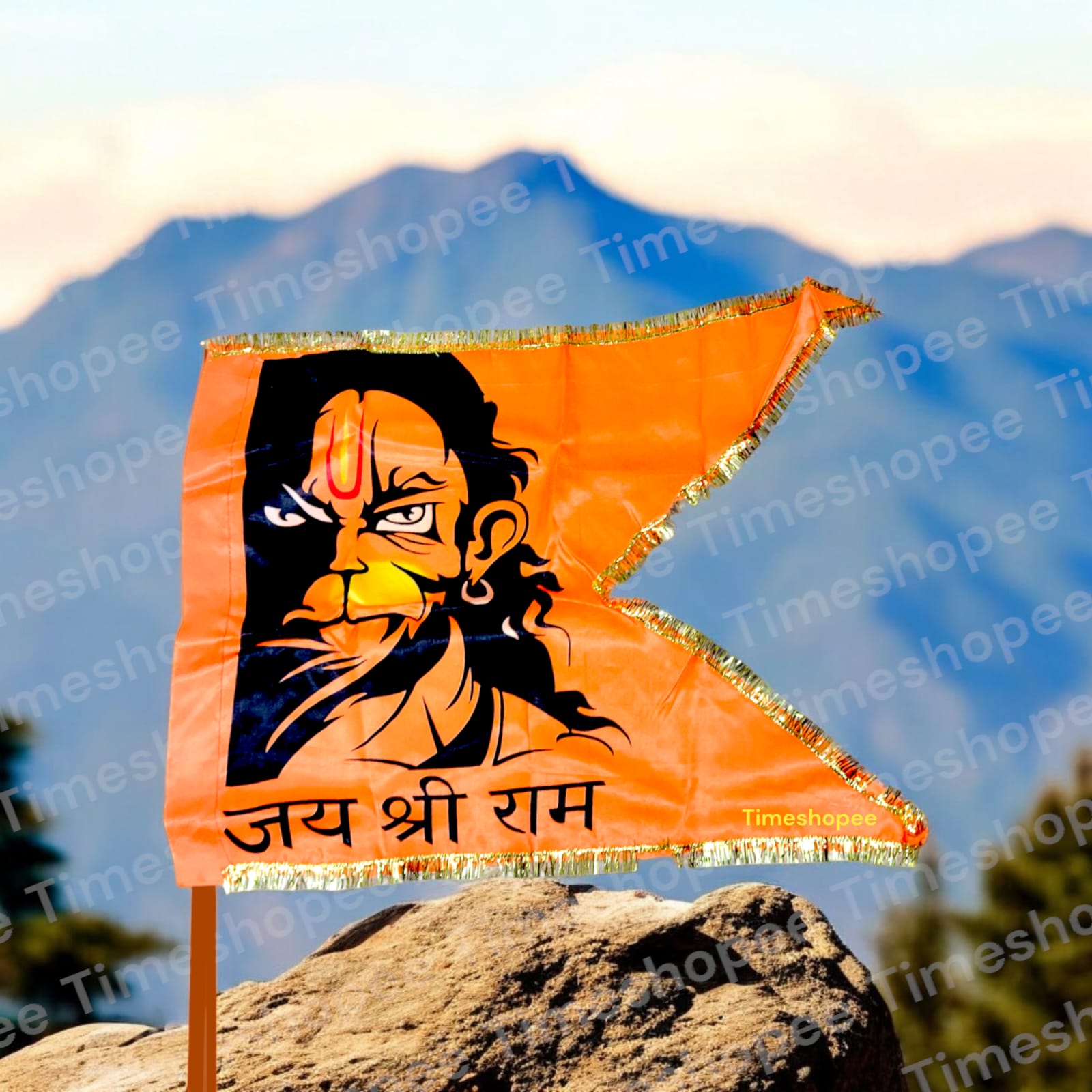 A 30X45 inch Hanuman Ji Printed Flag with M-Cut shape, featuring Lord Hanuman and the message "Jai Shri Ram," perfect for home, office, and religious occasions.