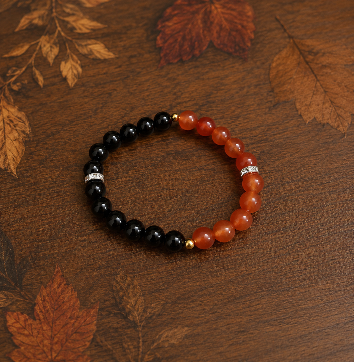 A Hessonite and Black Agate Bracelet with 8MM lab-certified beads, featuring a stretchable design for comfort and spiritual protection