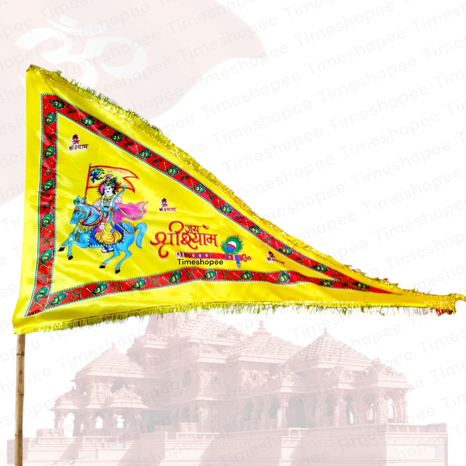 A Khatu Shyam Ji Nisan Triangle Flag, available in different sizes and colors, perfect for temples, homes, and offices.