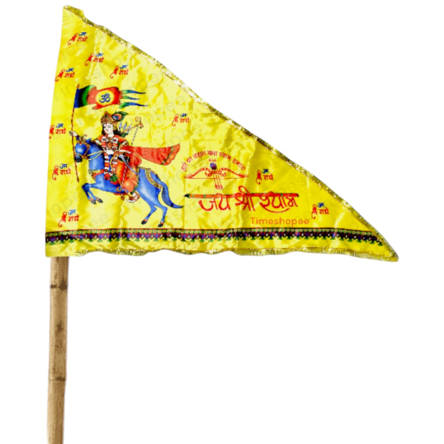 A Khatu Shyam Ji Nisan Triangle Flag, available in different sizes and colors, perfect for temples, homes, and offices.