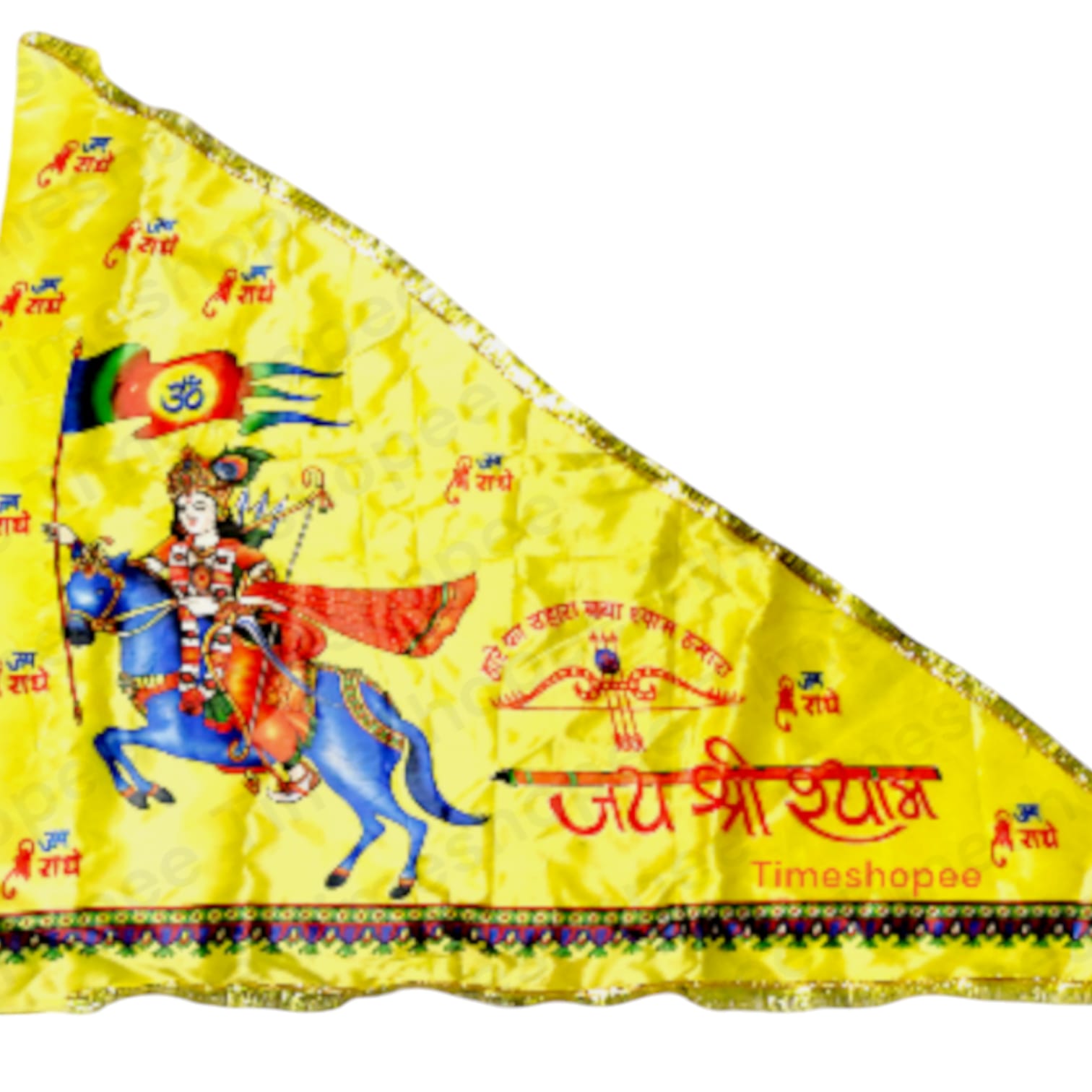 A Khatu Shyam Ji Nisan Triangle Flag, available in different sizes and colors, perfect for temples, homes, and offices.