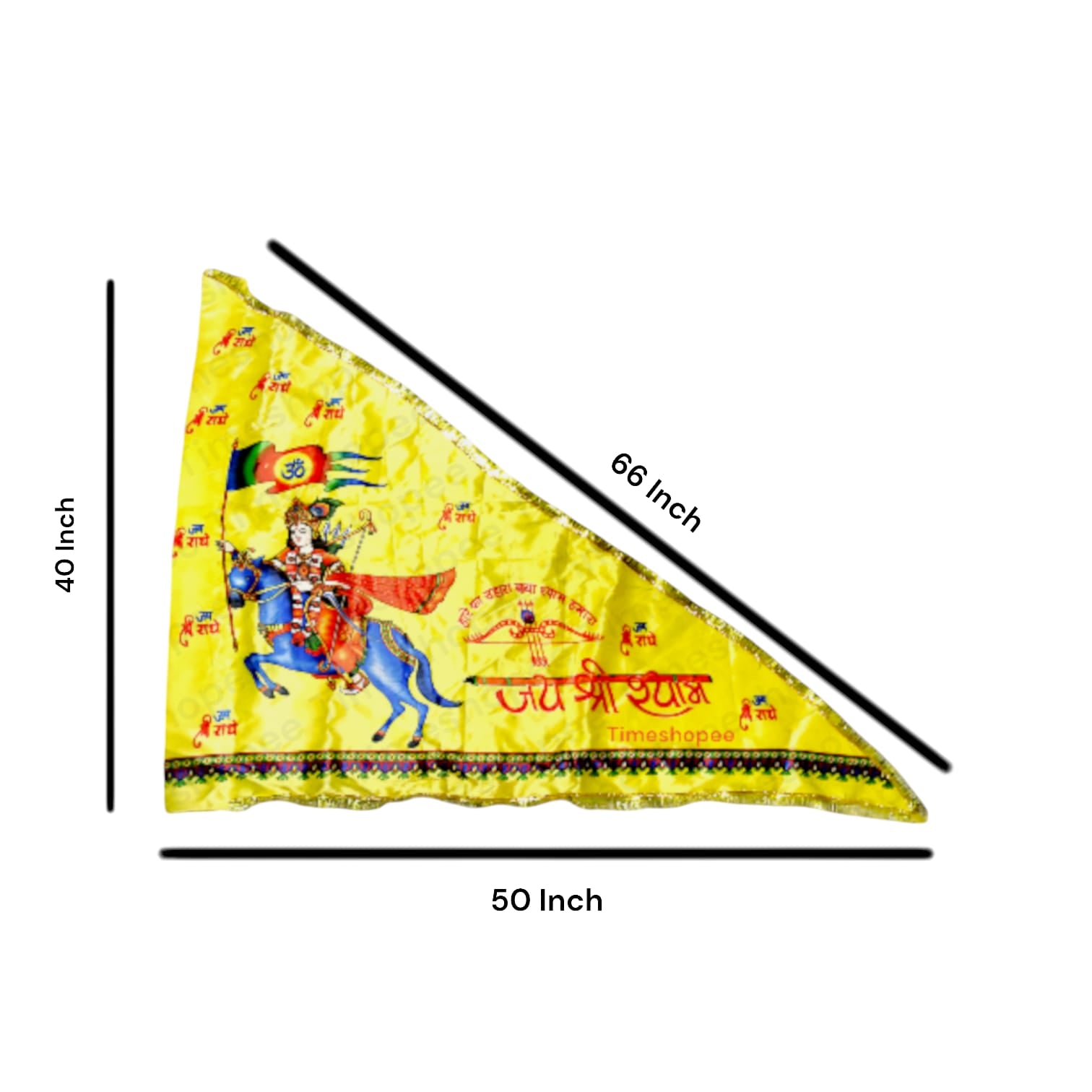 A Khatu Shyam Ji Nisan Triangle Flag, available in different sizes and colors, perfect for temples, homes, and offices.