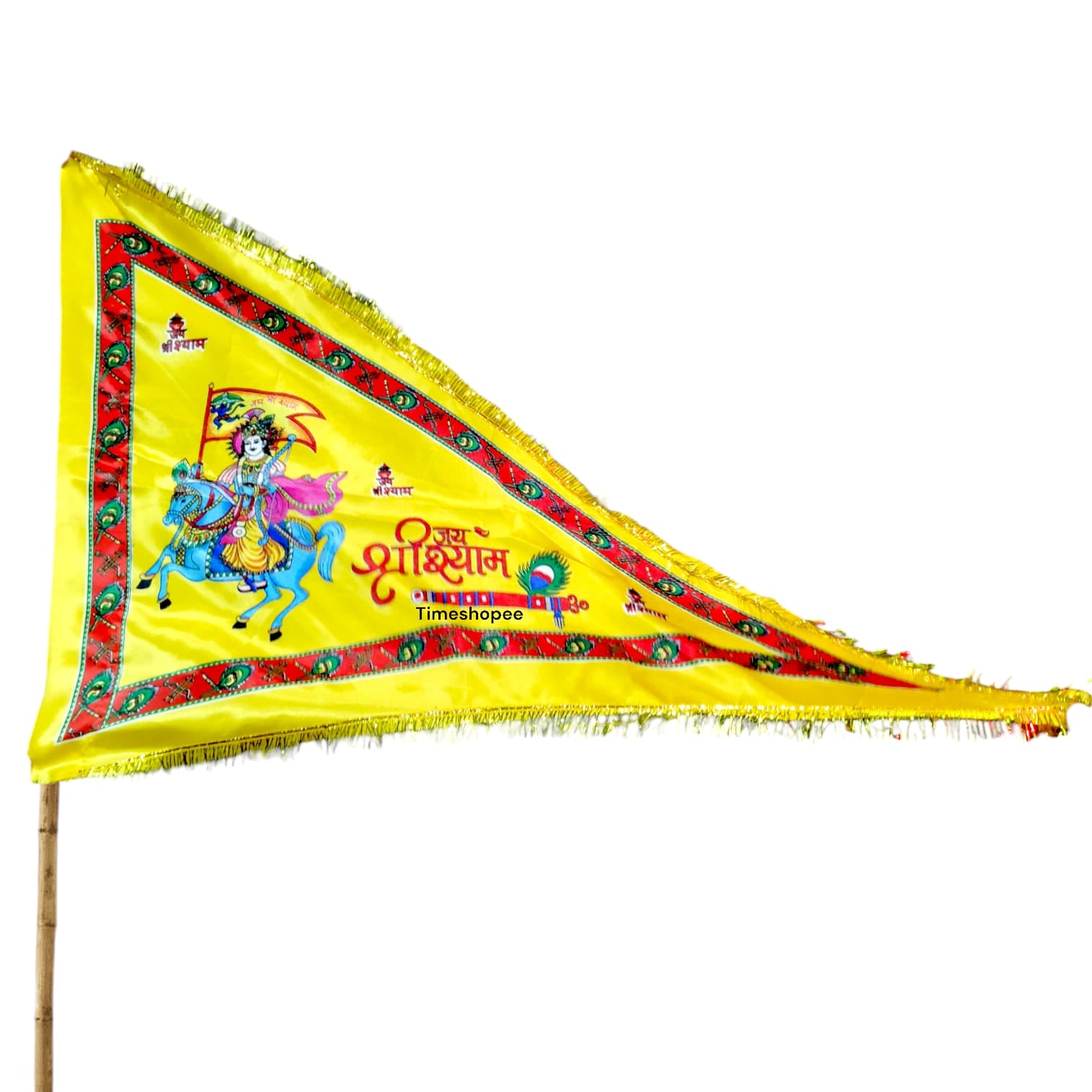 A Khatu Shyam Ji Nisan Triangle Flag, available in different sizes and colors, perfect for temples, homes, and offices.
