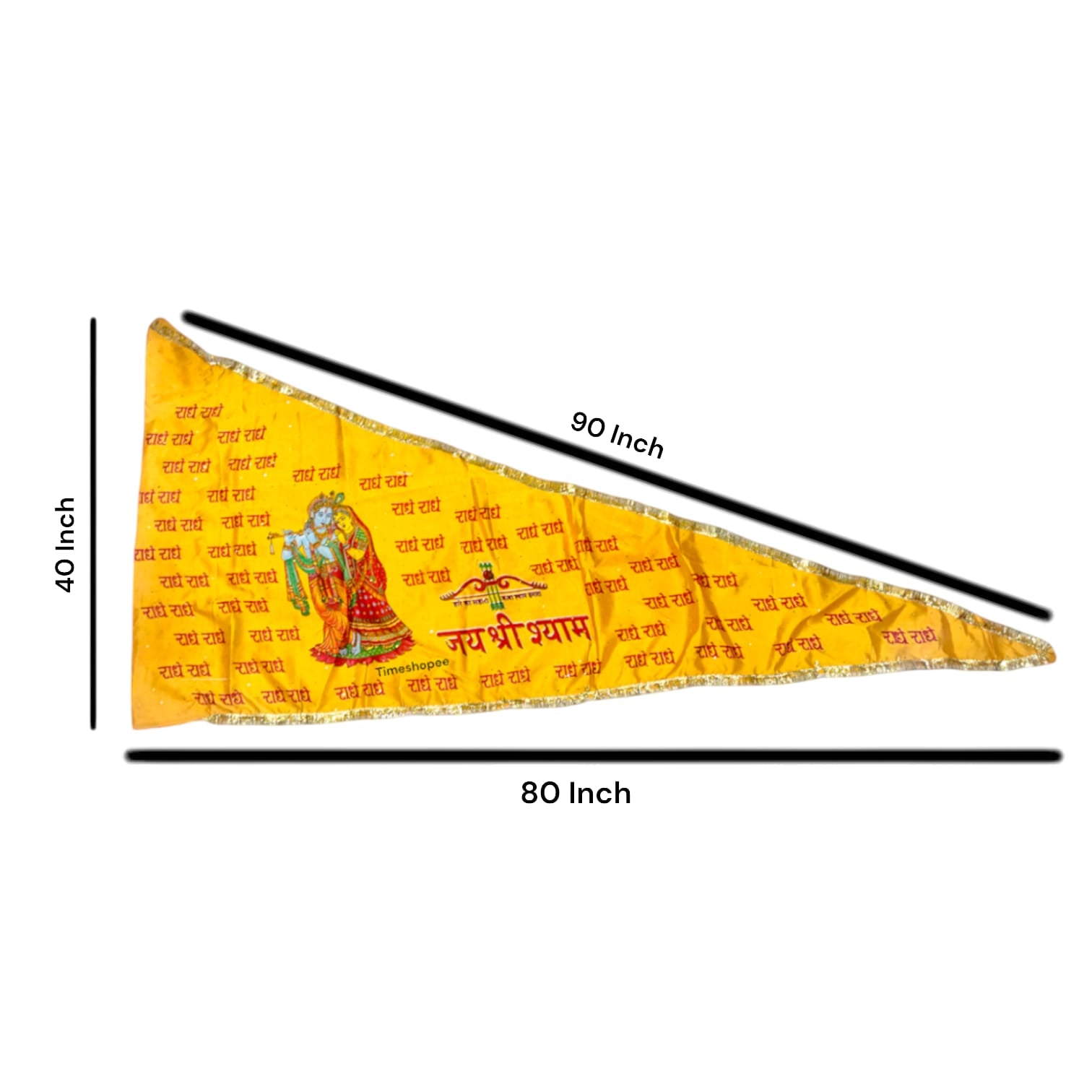 A Large Yellow Nishan Jhanda measuring 40X90 inches, featuring Jai Shri Shyam and Radha Krishna designs for temples, homes, and religious occasions.