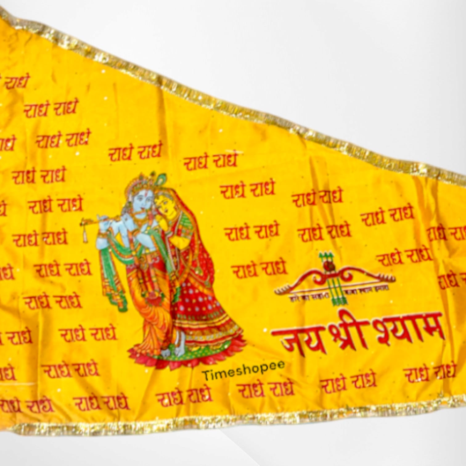 A Large Yellow Nishan Jhanda measuring 40X90 inches, featuring Jai Shri Shyam and Radha Krishna designs for temples, homes, and religious occasions.