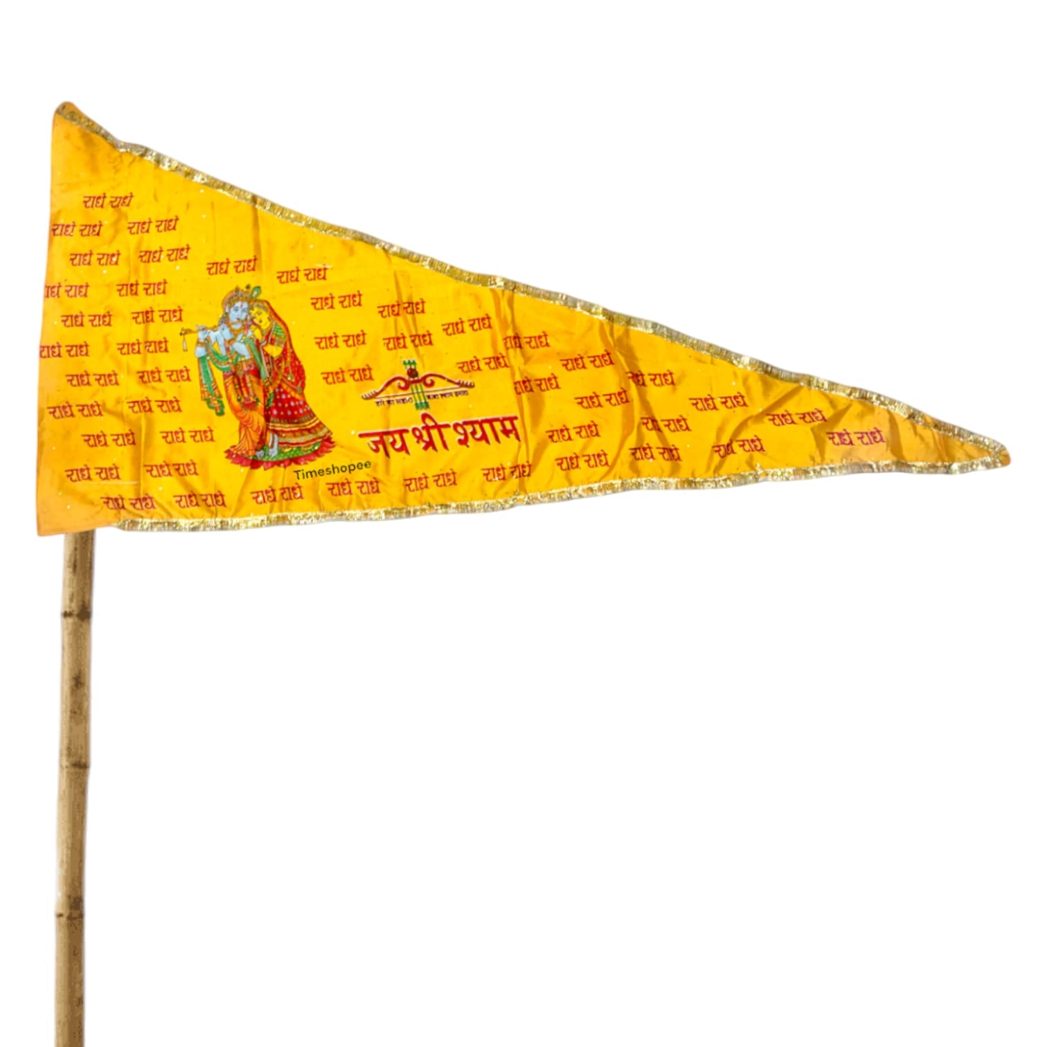 A Large Yellow Nishan Jhanda measuring 40X90 inches, featuring Jai Shri Shyam and Radha Krishna designs for temples, homes, and religious occasions.
