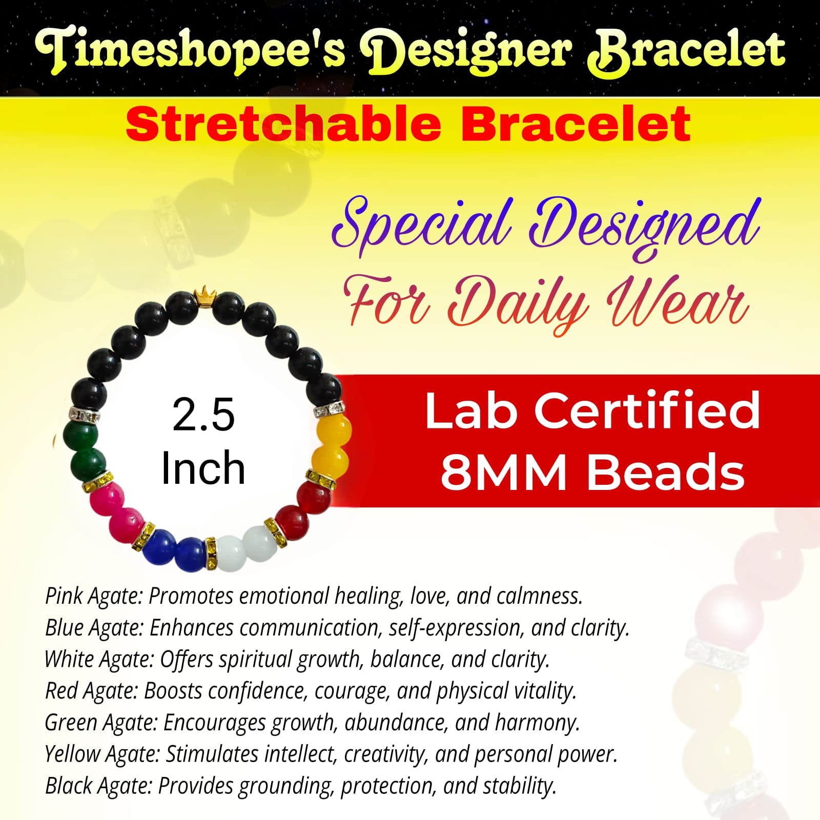 A Mix Agate Bracelet with 7 types of Agate stones: Pink, White, Black, Green, Red, Yellow, and Blue. Features 8MM lab-certified beads in a stretchable design for balance and protection.