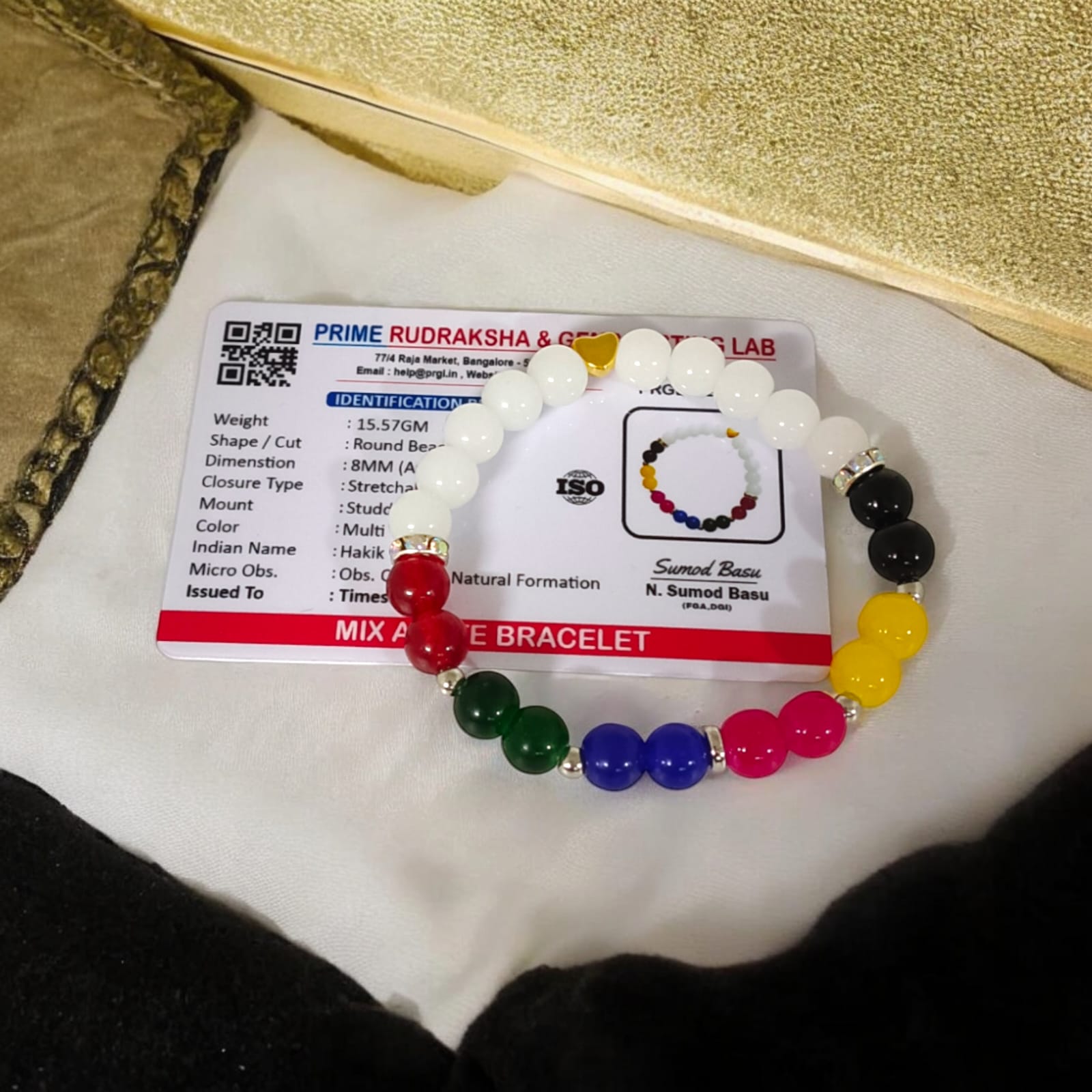 A Mix Agate Bracelet with 7 types of Agate stones: Pink, White, Black, Green, Red, Yellow, and Blue. Features 8MM lab-certified beads in a stretchable design for balance and protection.