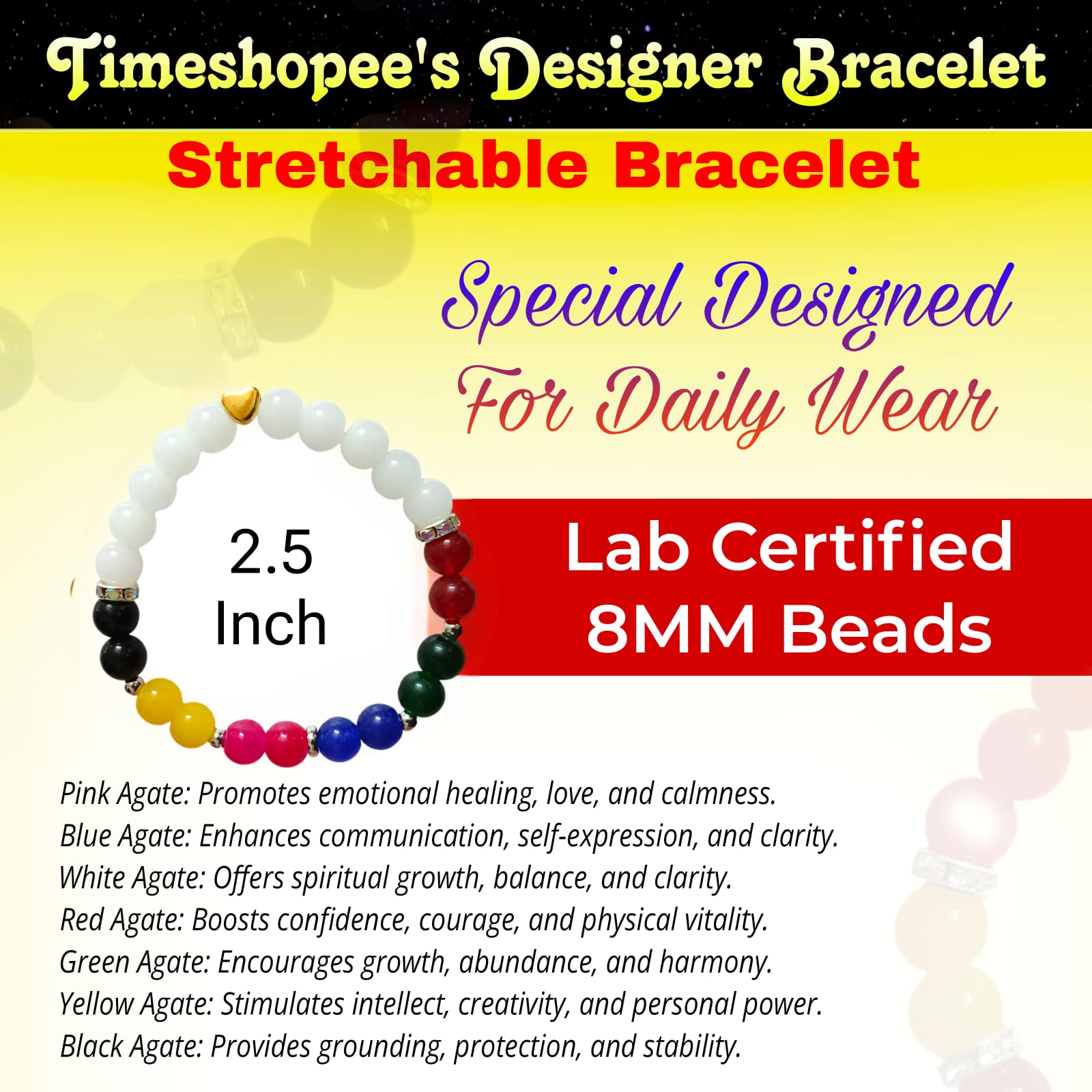 A Mix Agate Bracelet with 7 types of Agate stones: Pink, White, Black, Green, Red, Yellow, and Blue. Features 8MM lab-certified beads in a stretchable design for balance and protection.