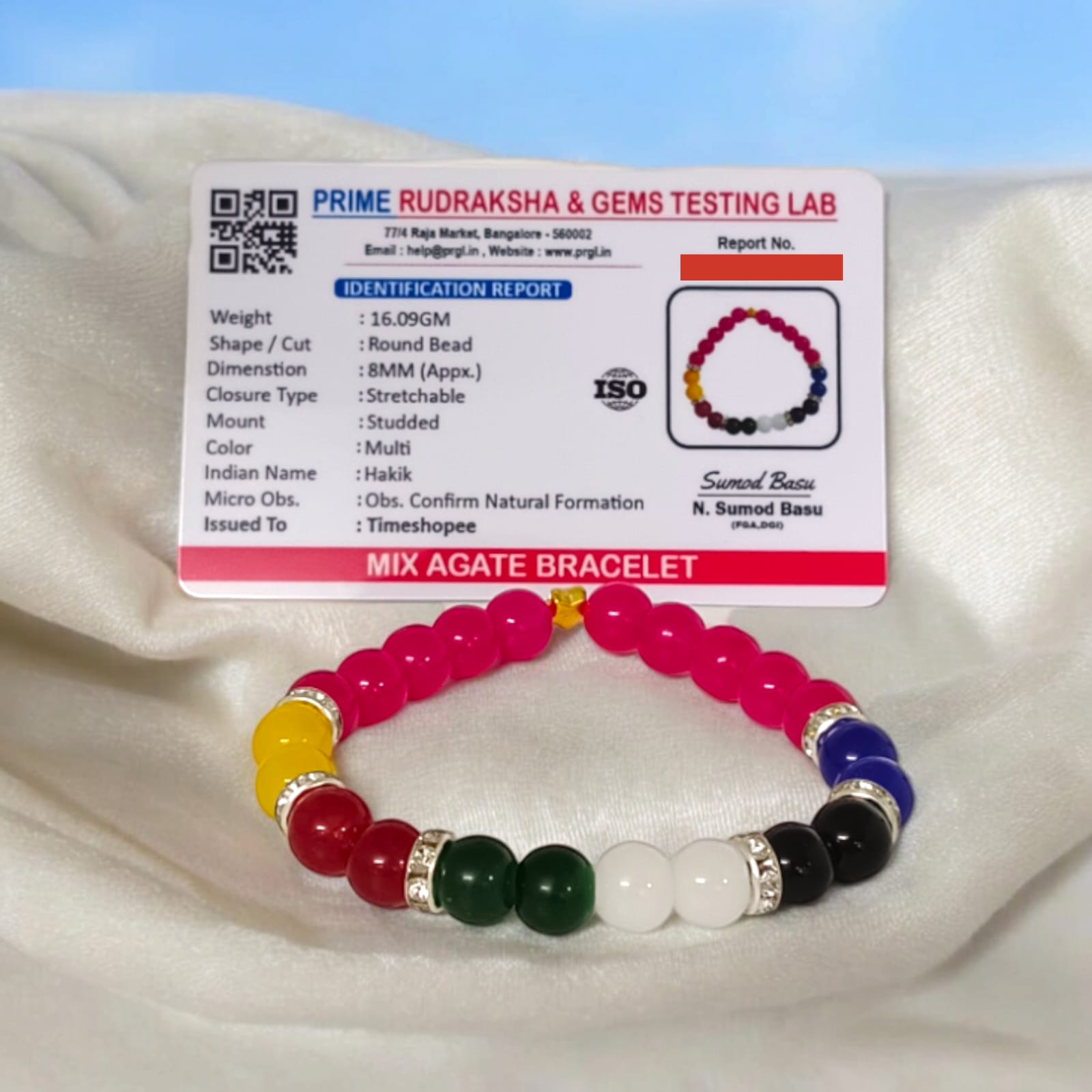 A Mix Agate Bracelet with 7 types of Agate stones: Pink, White, Black, Green, Red, Yellow, and Blue. Features 8MM lab-certified beads in a stretchable design for balance and protection.