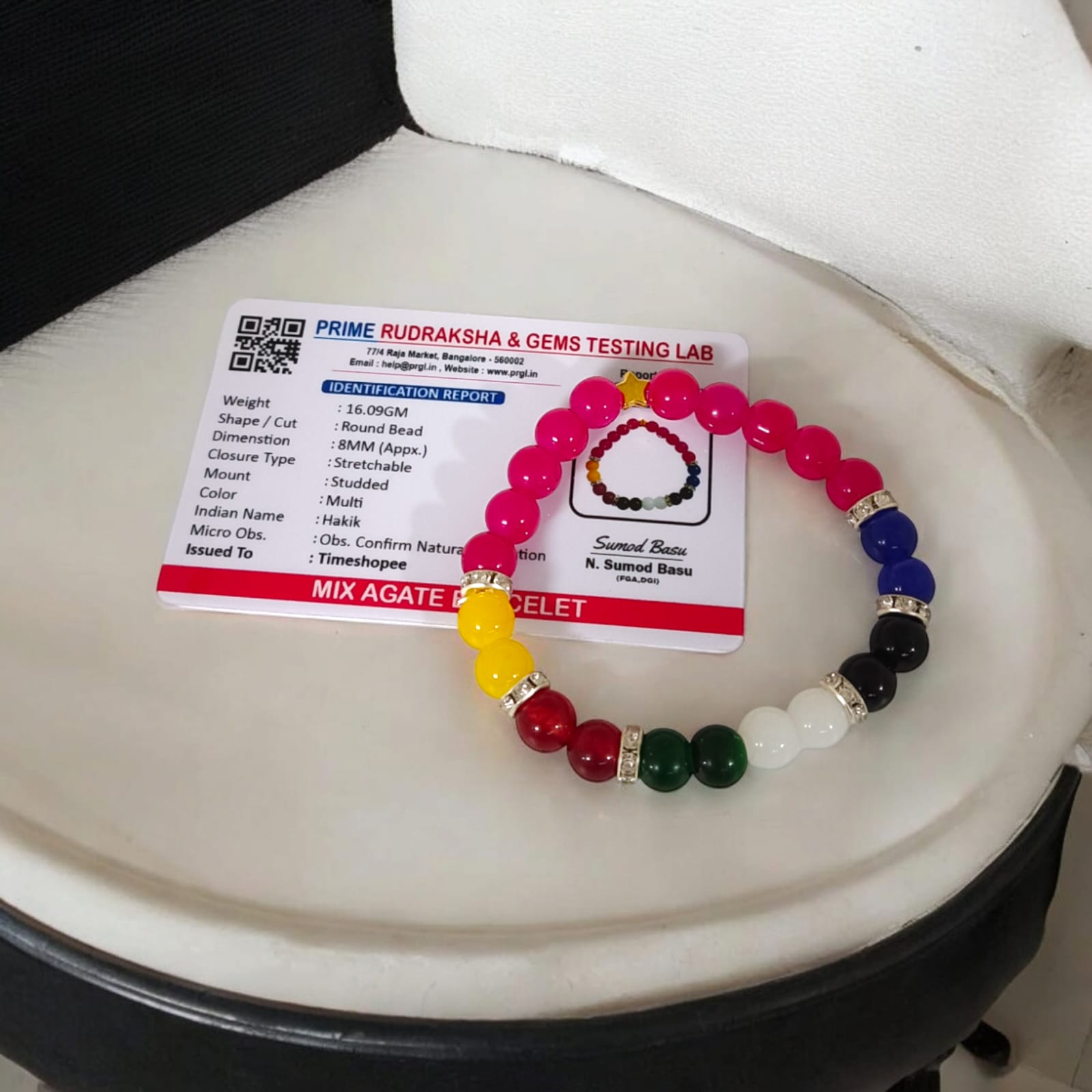 A Mix Agate Bracelet with 7 types of Agate stones: Pink, White, Black, Green, Red, Yellow, and Blue. Features 8MM lab-certified beads in a stretchable design for balance and protection.