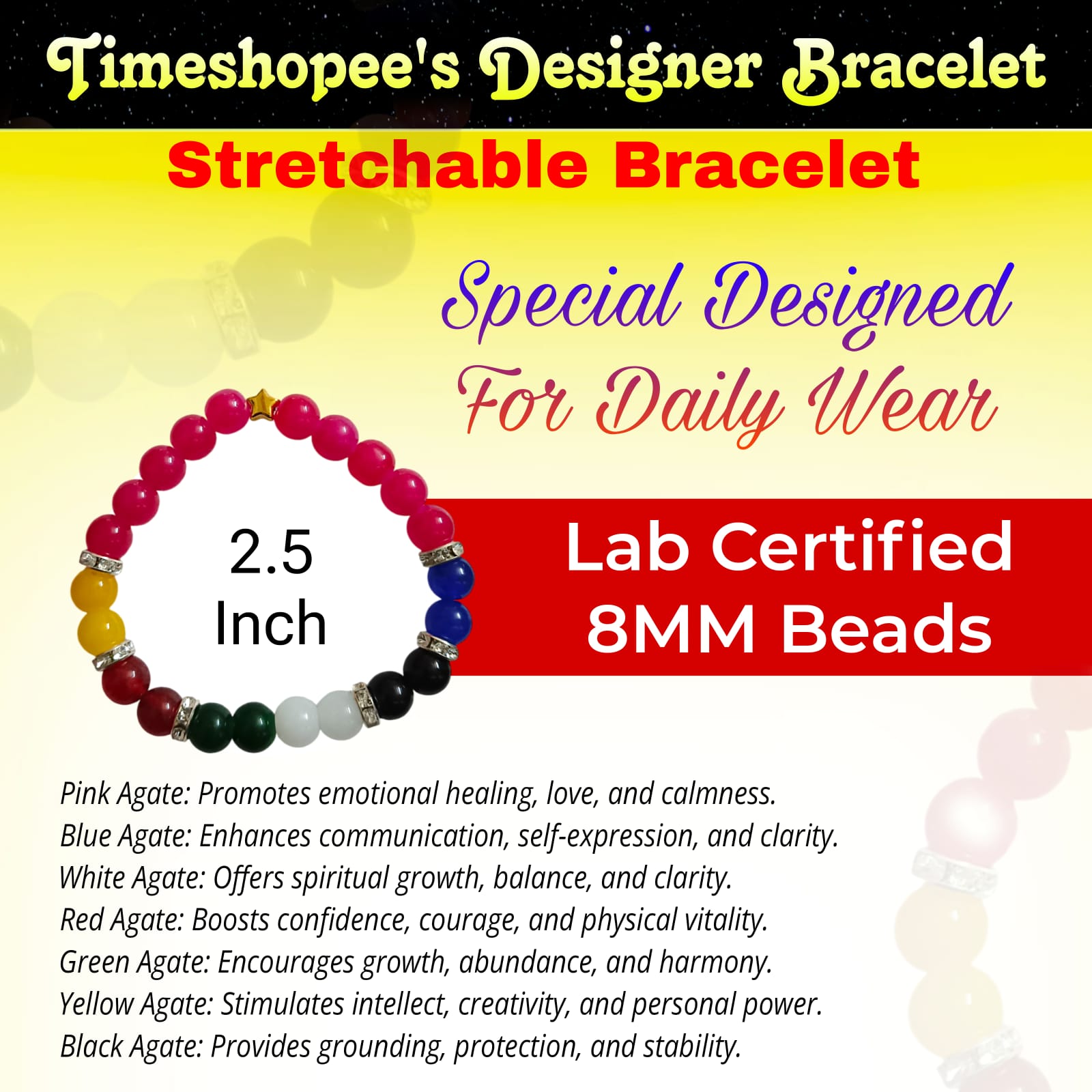 A Mix Agate Bracelet with 7 types of Agate stones: Pink, White, Black, Green, Red, Yellow, and Blue. Features 8MM lab-certified beads in a stretchable design for balance and protection.