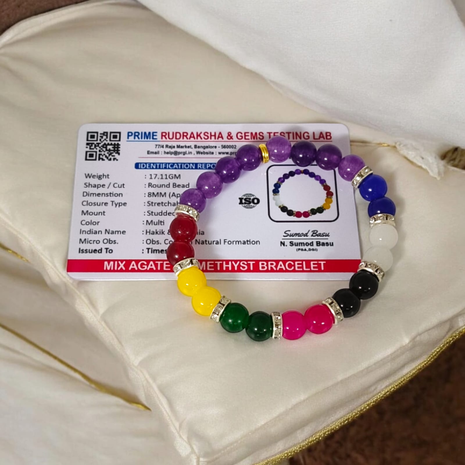 A Mix Agate and Amethyst Bracelet with 8MM lab-certified beads, featuring 7 types of Agate stones and Amethyst, in a stretchable design for balance and spiritual growth.