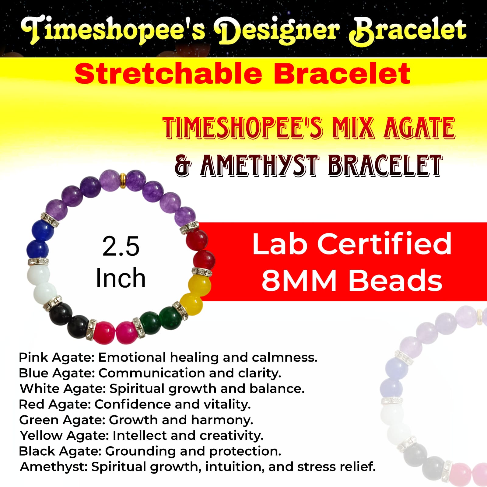 A Mix Agate and Amethyst Bracelet with 8MM lab-certified beads, featuring 7 types of Agate stones and Amethyst, in a stretchable design for balance and spiritual growth.