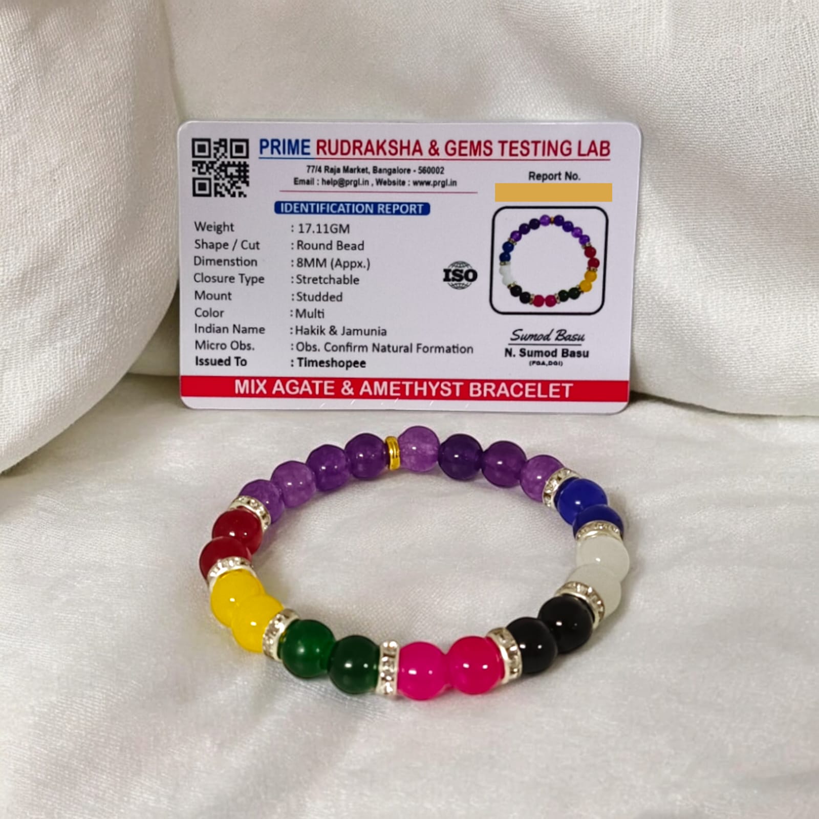 A Mix Agate and Amethyst Bracelet with 8MM lab-certified beads, featuring 7 types of Agate stones and Amethyst, in a stretchable design for balance and spiritual growth.