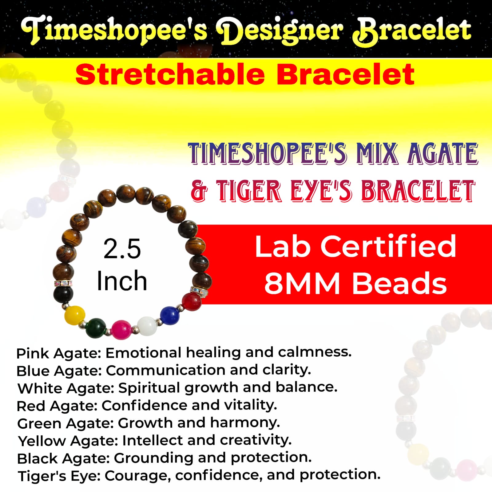 A Mix Agate and Tiger Eye's Bracelet with 8MM lab-certified beads, featuring 7 types of Agate stones and Tiger Eye beads in a stretchable design for protection and balance.