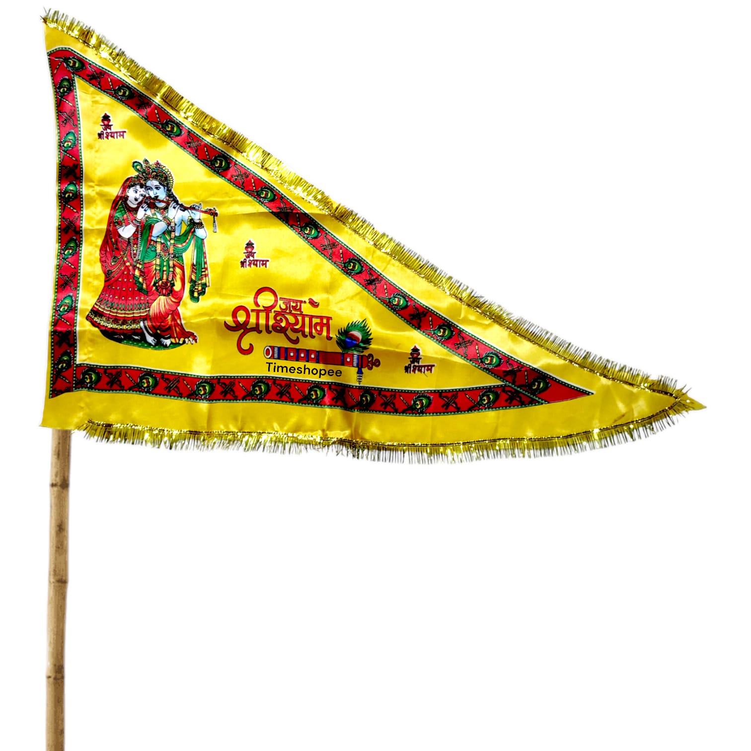 A Yellow Nishan Jhanda featuring Jai Shri Shyam and Radha Krishna, ideal for temples, homes, and offices during religious occasions.