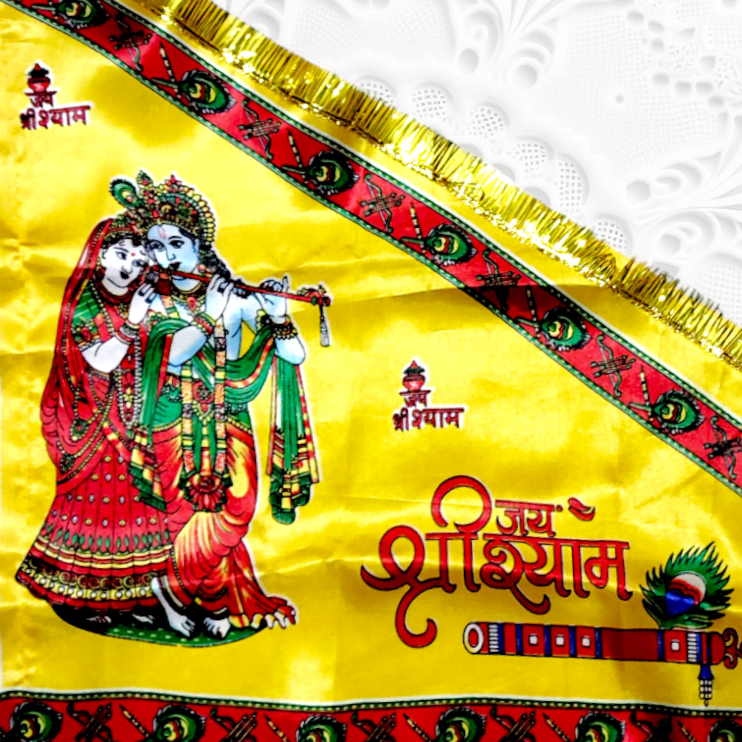 A Yellow Nishan Jhanda featuring Jai Shri Shyam and Radha Krishna, ideal for temples, homes, and offices during religious occasions.