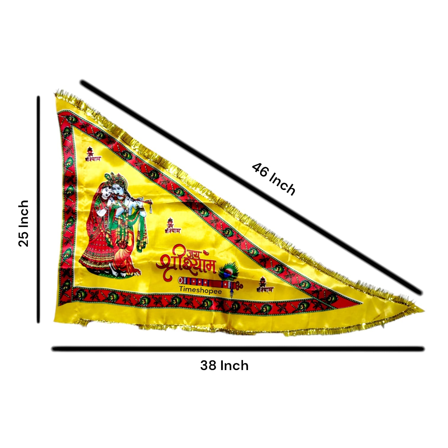 A Yellow Nishan Jhanda featuring Jai Shri Shyam and Radha Krishna, ideal for temples, homes, and offices during religious occasions.