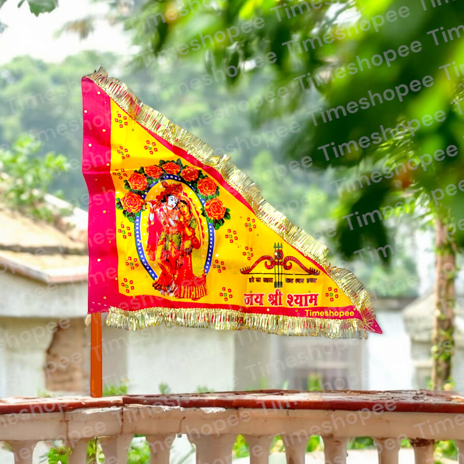 A Yellow Nishan Jhanda featuring Jai Shri Shyam and Radha Krishna, ideal for temples, homes, and offices during religious occasions.