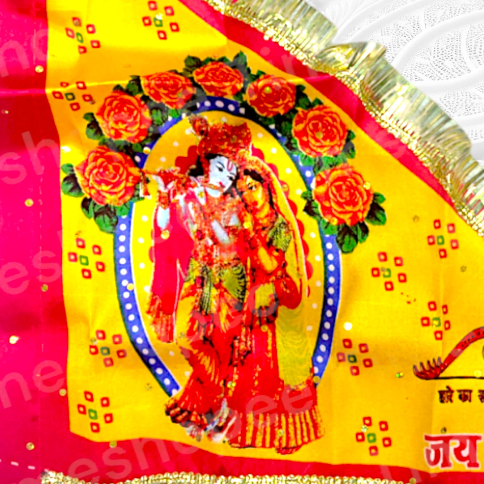 A Yellow Nishan Jhanda featuring Jai Shri Shyam and Radha Krishna, ideal for temples, homes, and offices during religious occasions.